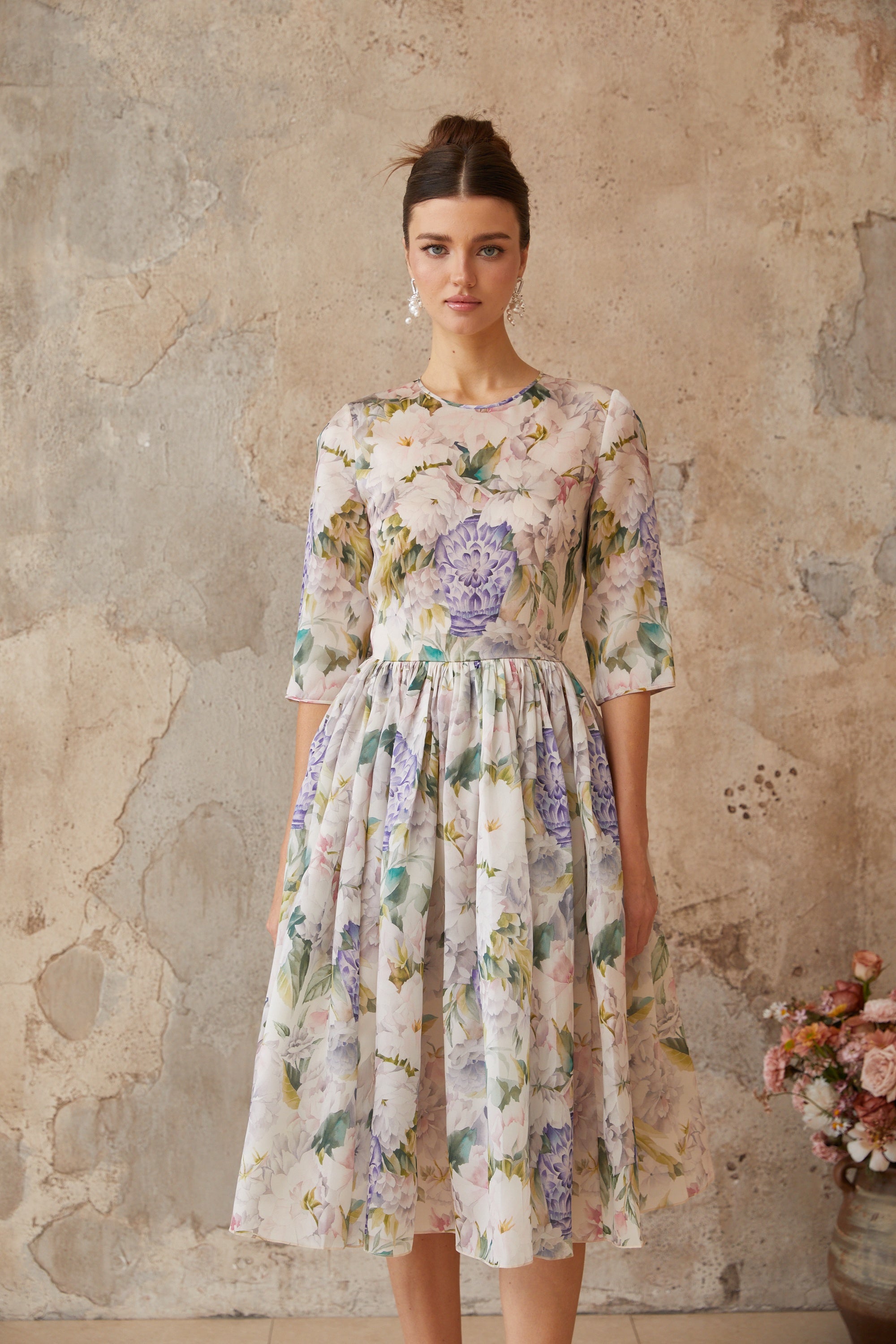 Lydie Floral Print Shirred Midi Dress (Final Sale)