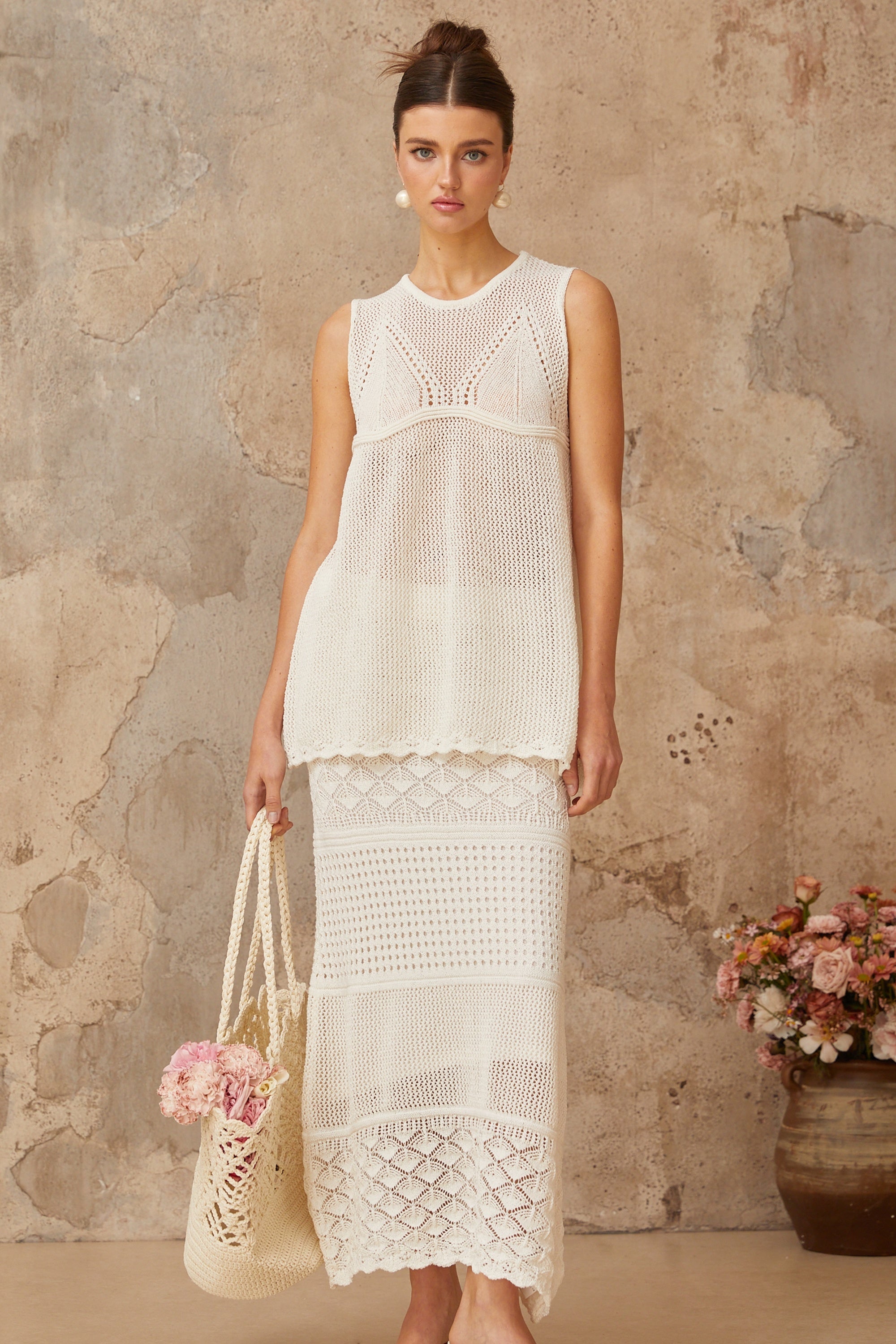 Irène White Cutout Crochet Knit Two-Piece Top and Skirt (Final Sale)