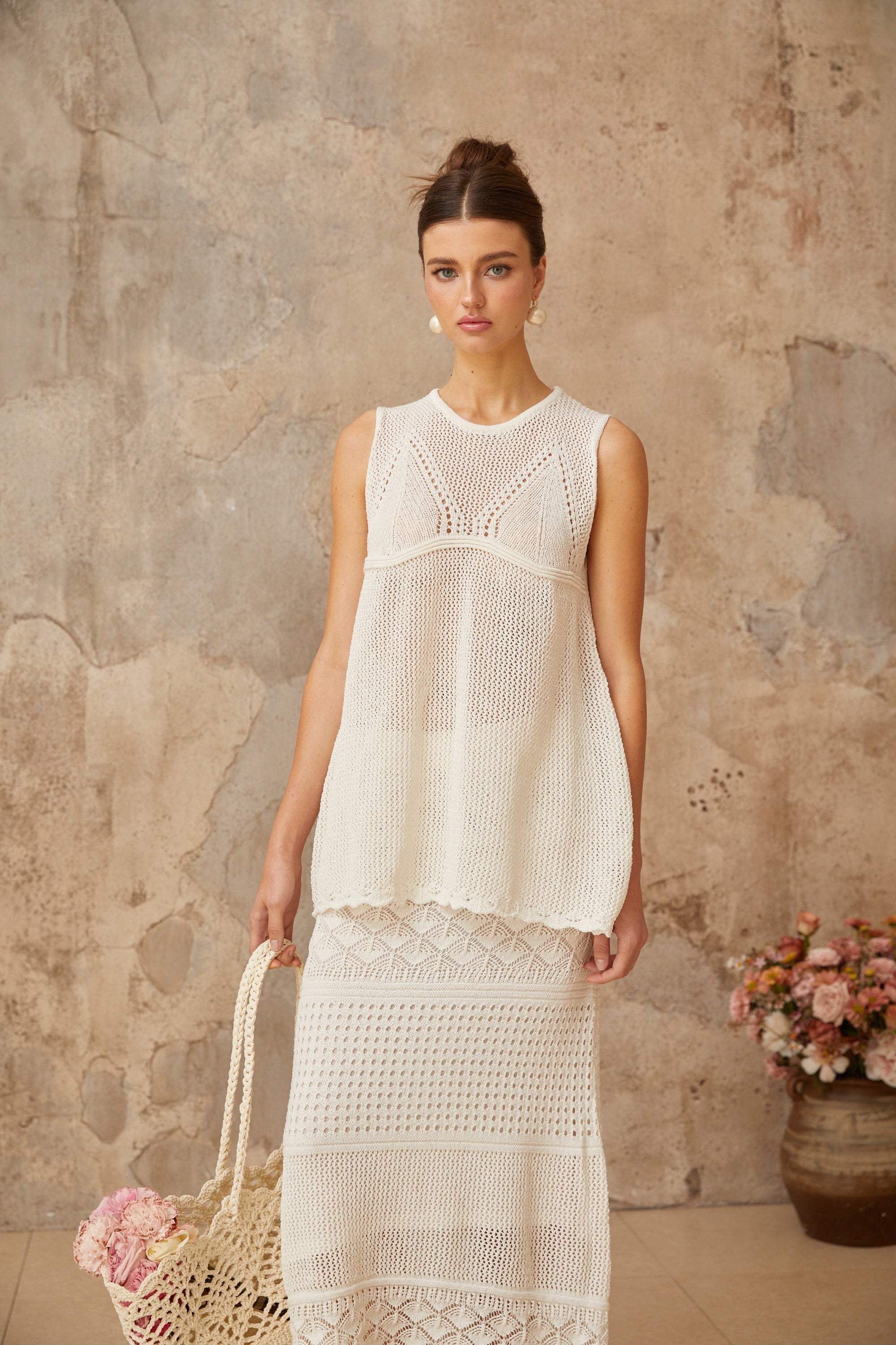 Irène White Cutout Crochet Knit Two-Piece Top and Skirt (Final Sale)