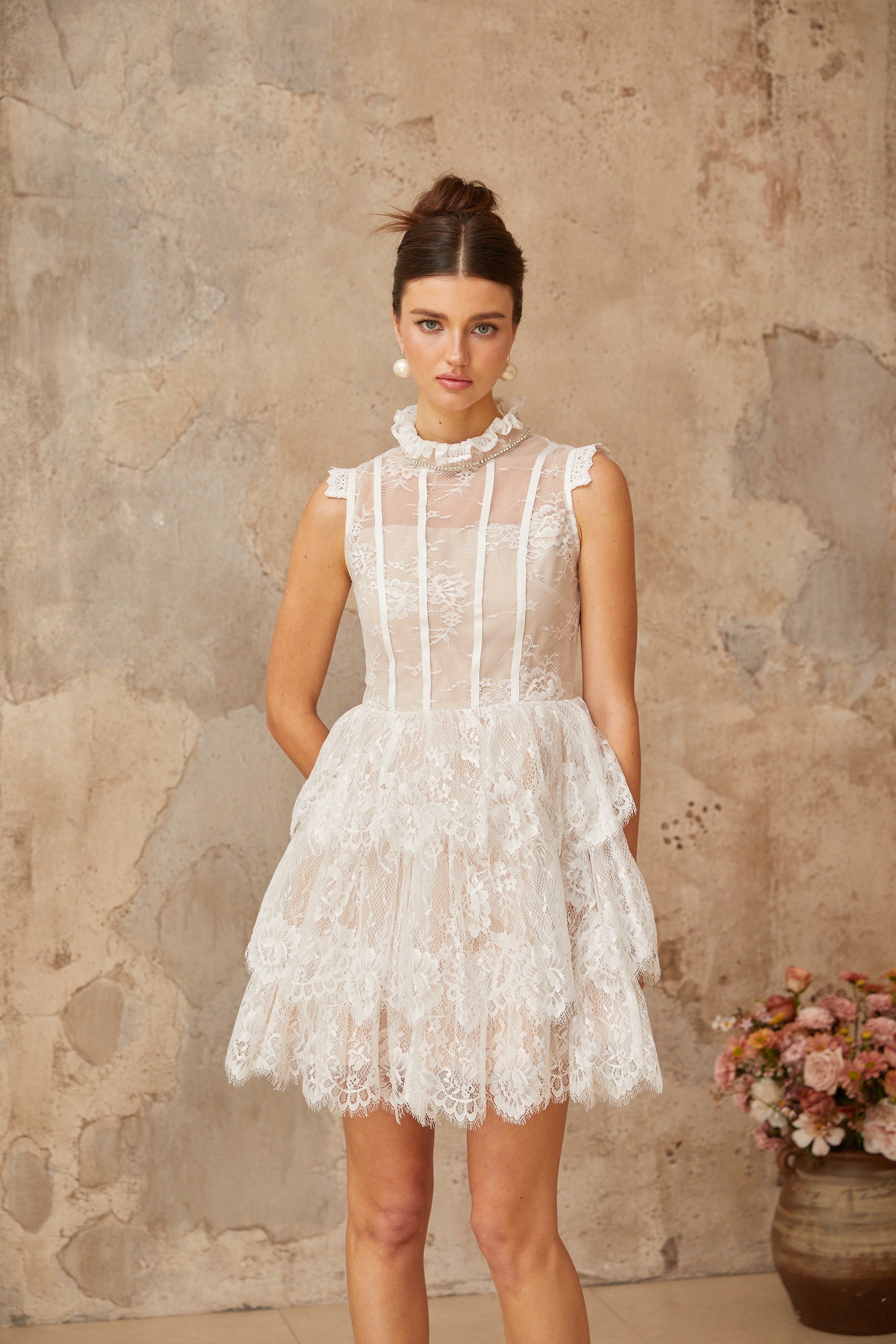 Thérèse white embellished floral-lace tiered mini dress (Final Sale)