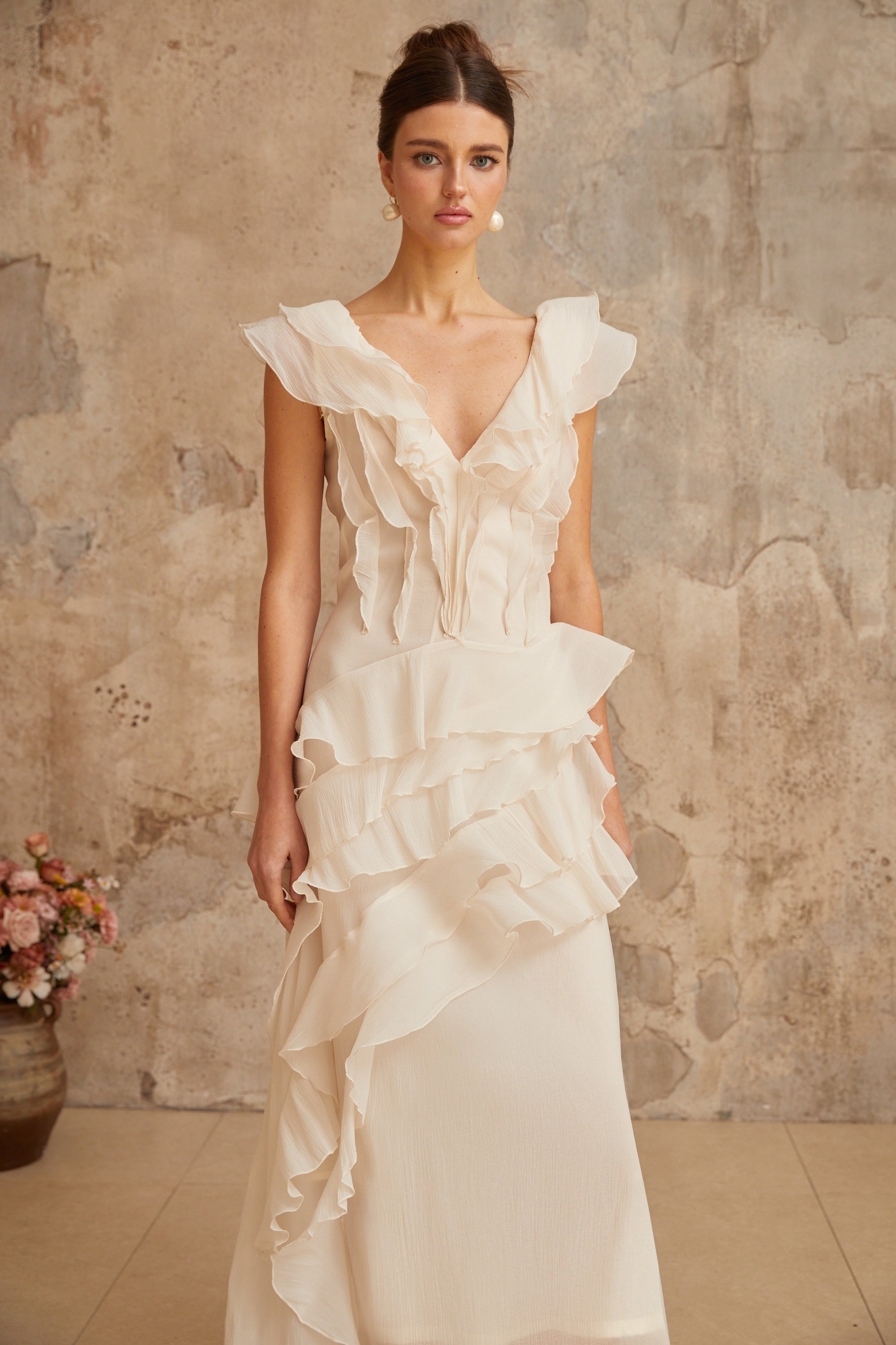 Hélène faux-flower layered ruffled maxi dress (Final Sale)