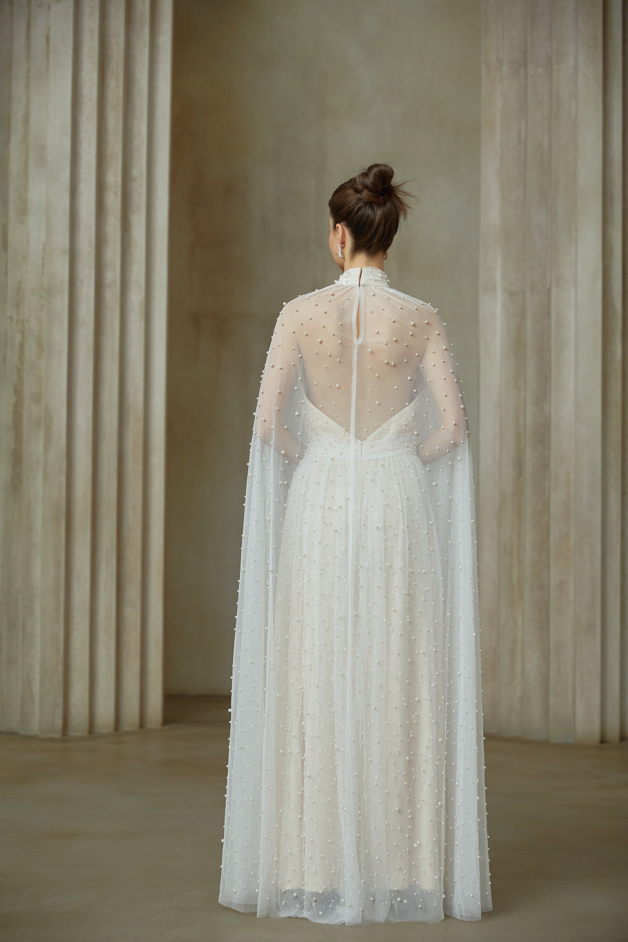 Louane white cape-design embellished tulle maxi dress