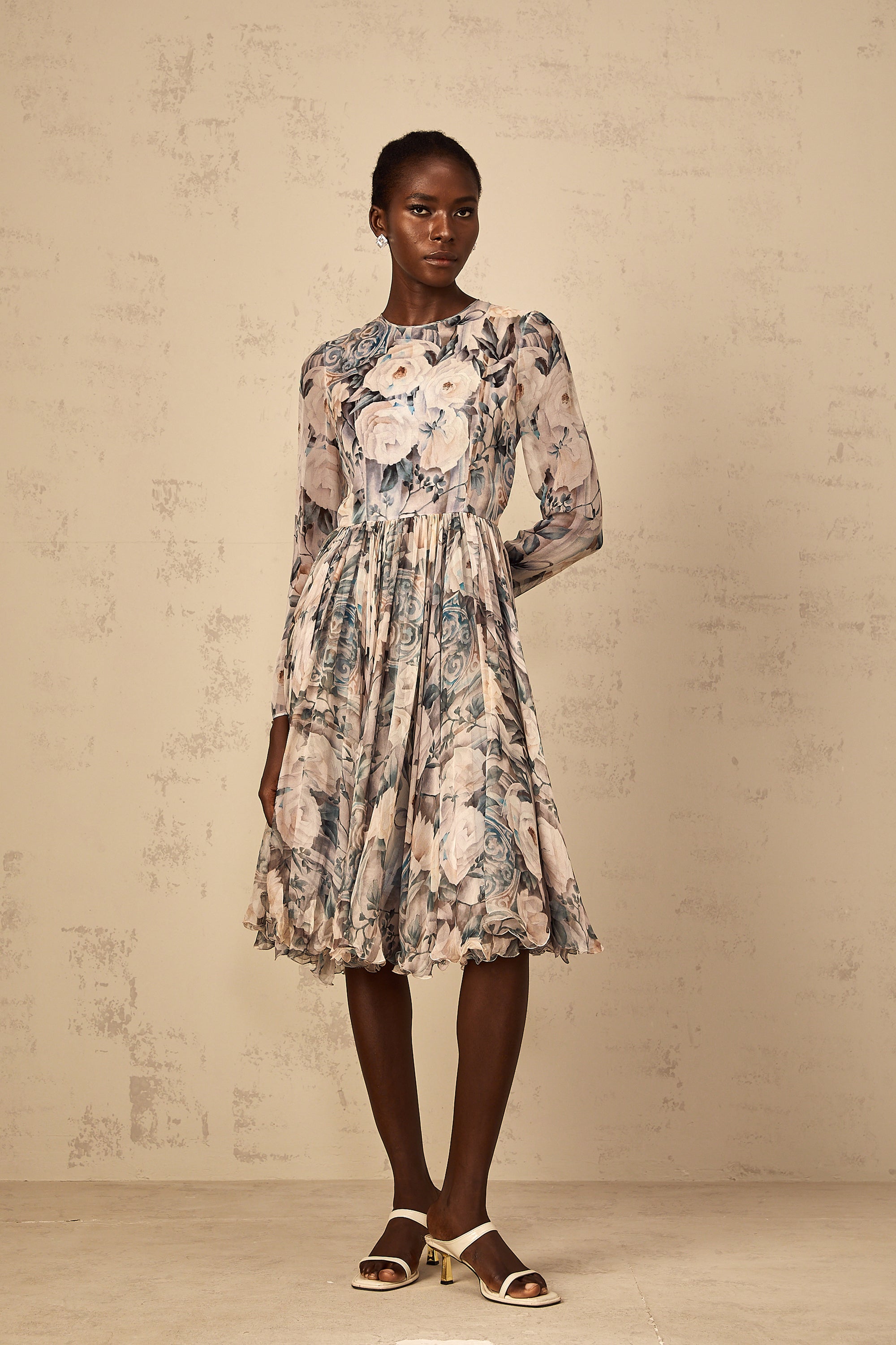 Mélanie Floral Print Pleated Chiffon Midi Dress (Final Sale)