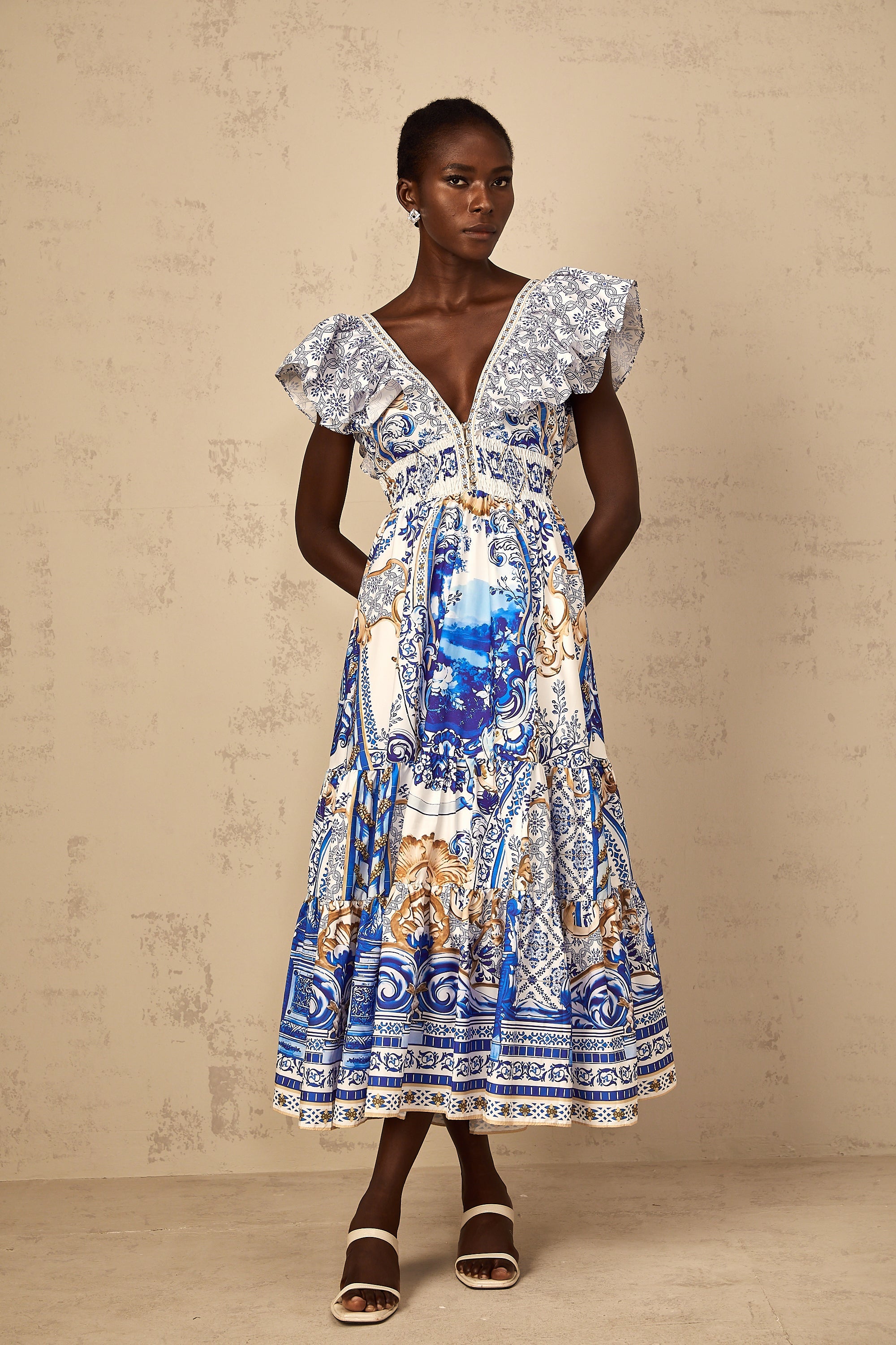 Calliopée Blue Baroque Print Tiered Midi Dress (Final Sale-US Only)
