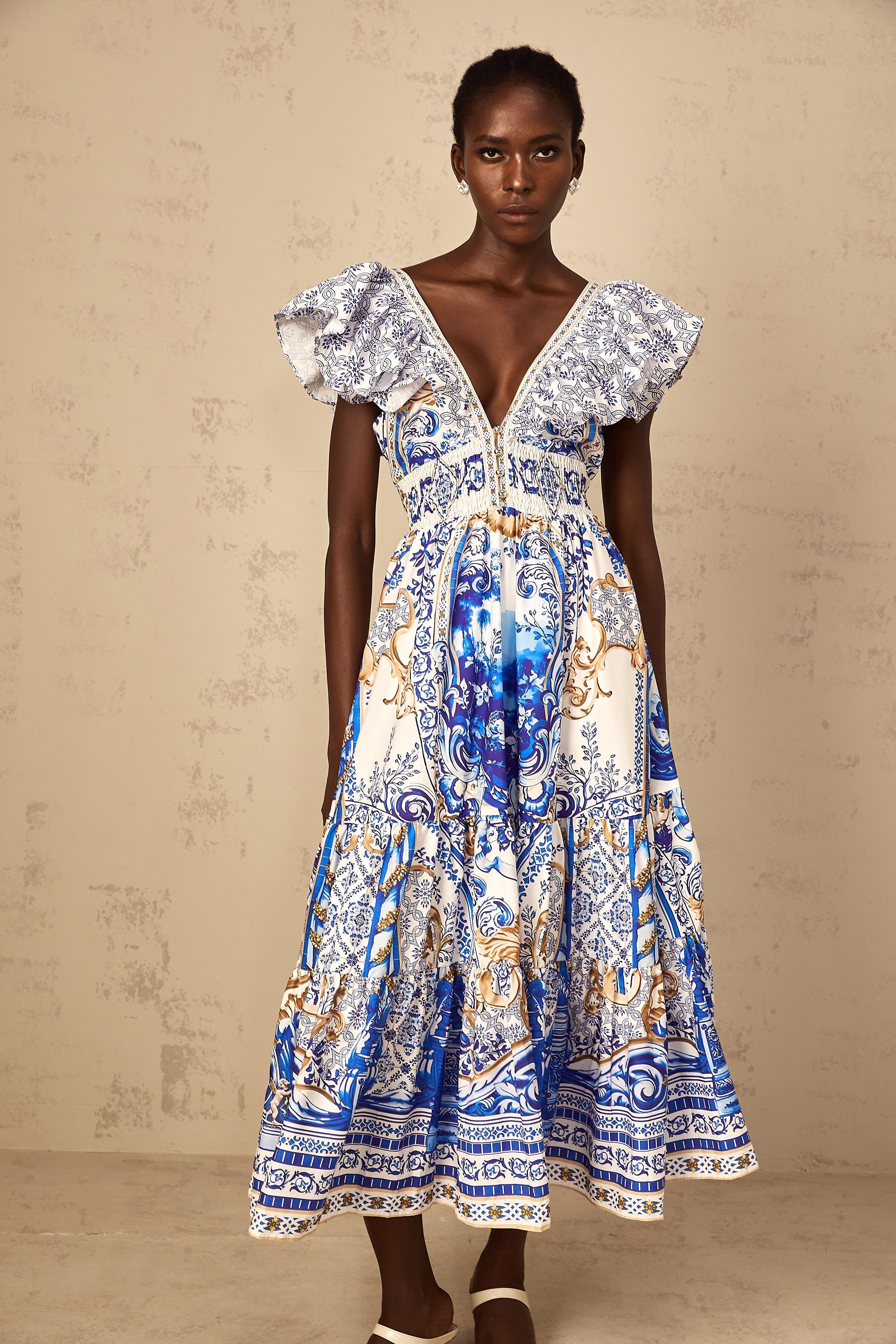 Calliopée Blue Baroque Print Tiered Midi Dress (Final Sale-US Only)