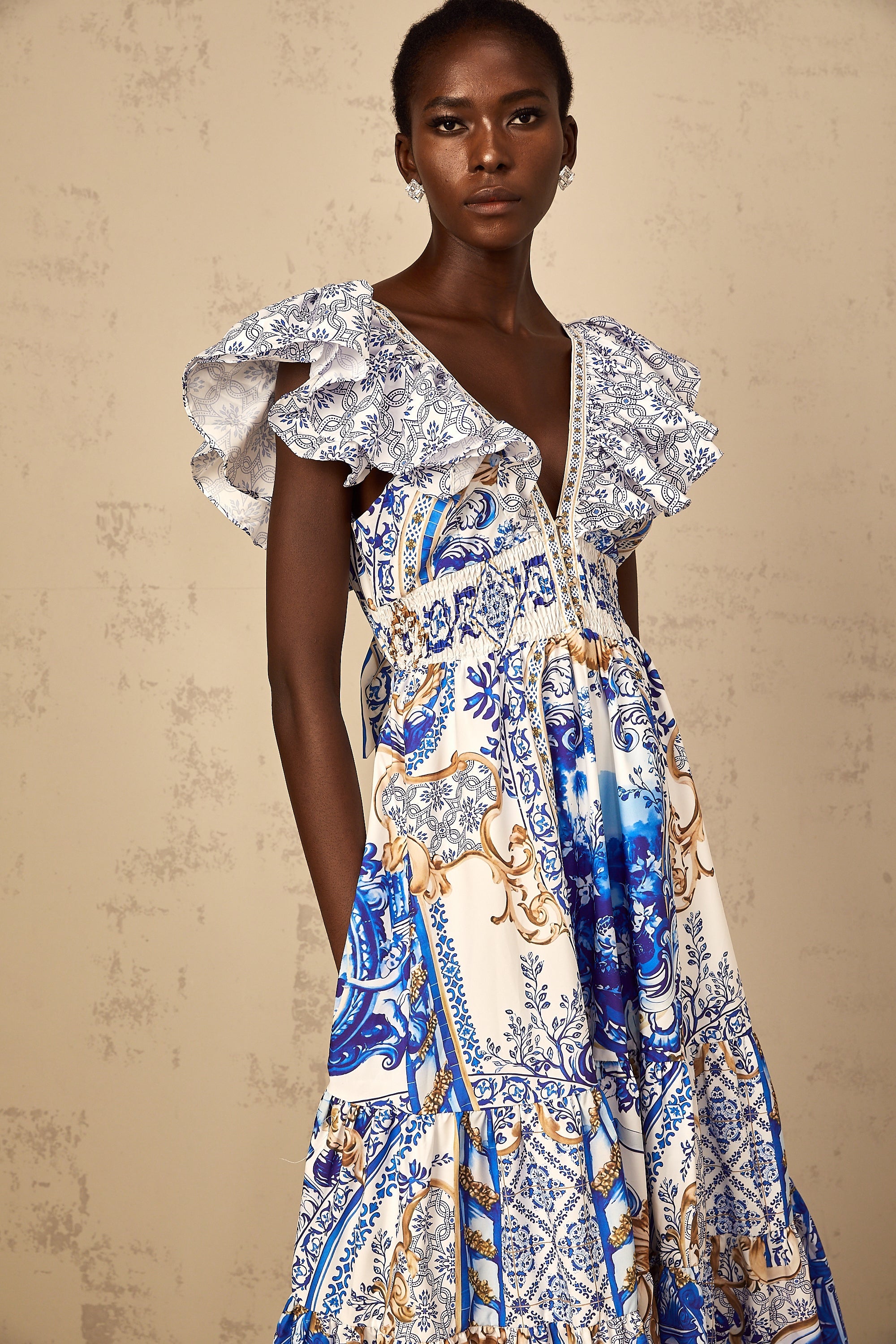 Calliopée Blue Baroque Print Tiered Midi Dress (Final Sale-US Only)