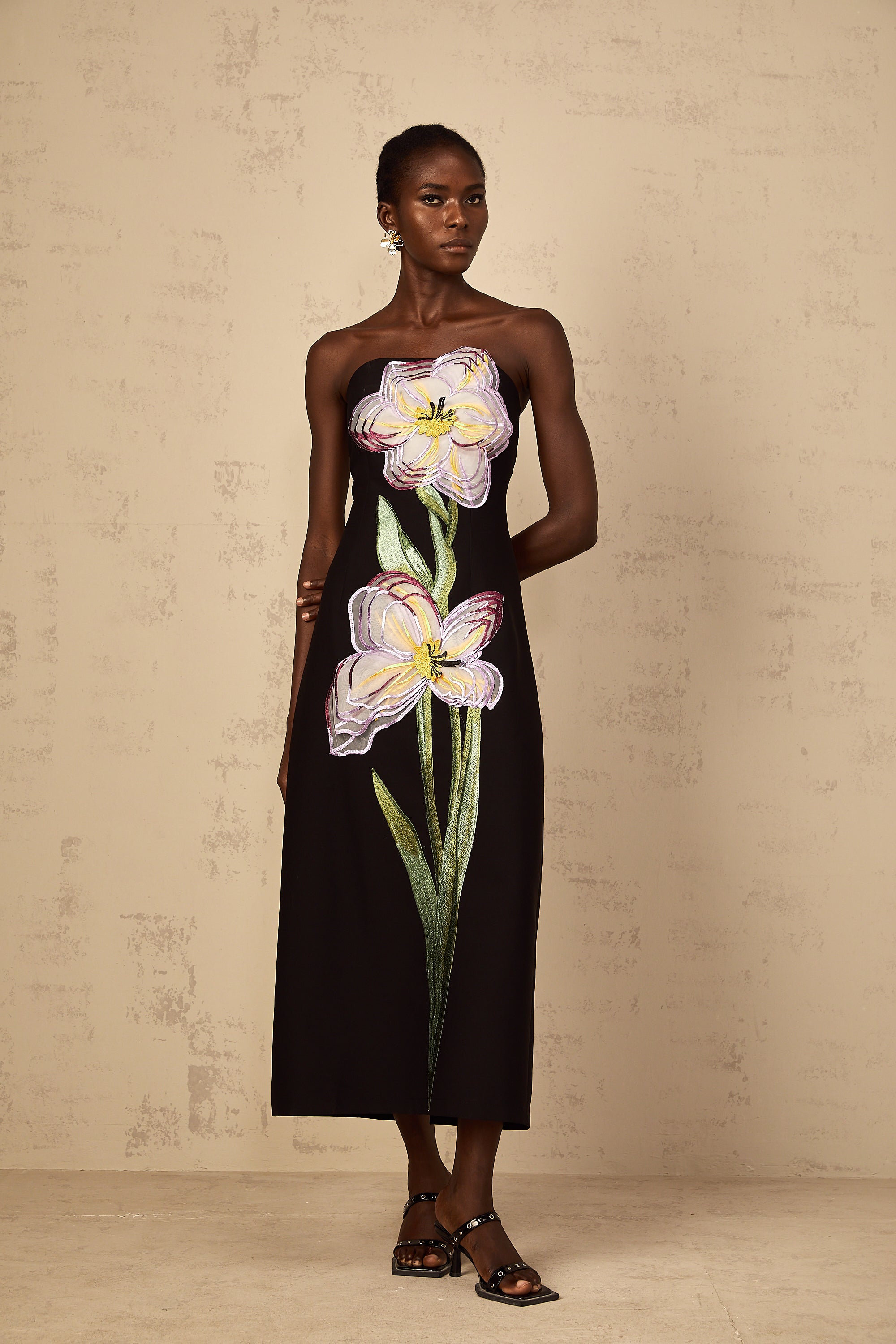 Irène Sequin Embroidered Off-Shoulder Midi Dress in Black (Final Sale-US Only)