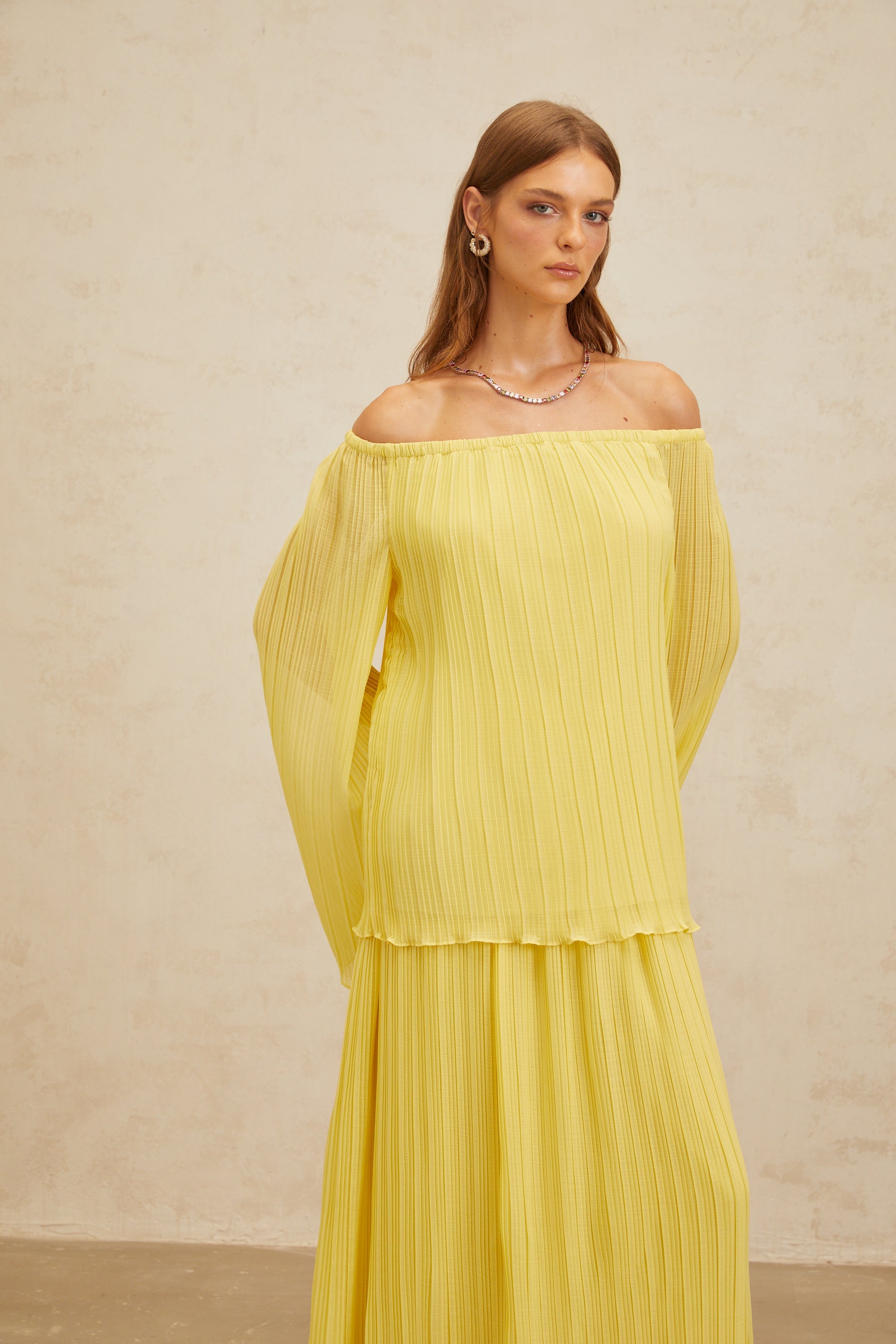 Yseult Yellow Pleated Casual Blouse & Skirt Set (Final Sale)