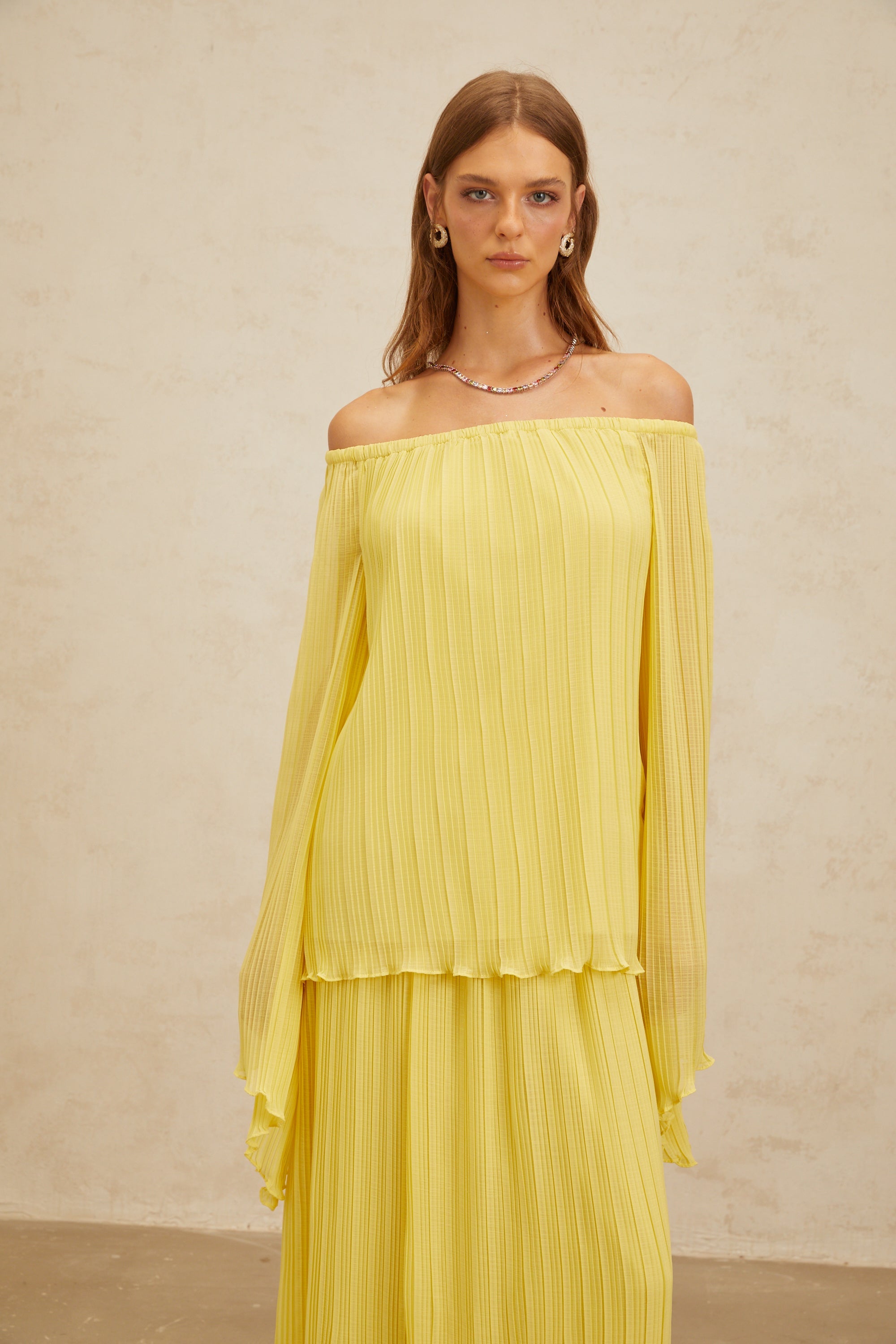 Yseult Yellow Pleated Casual Blouse & Skirt Set (Final Sale)