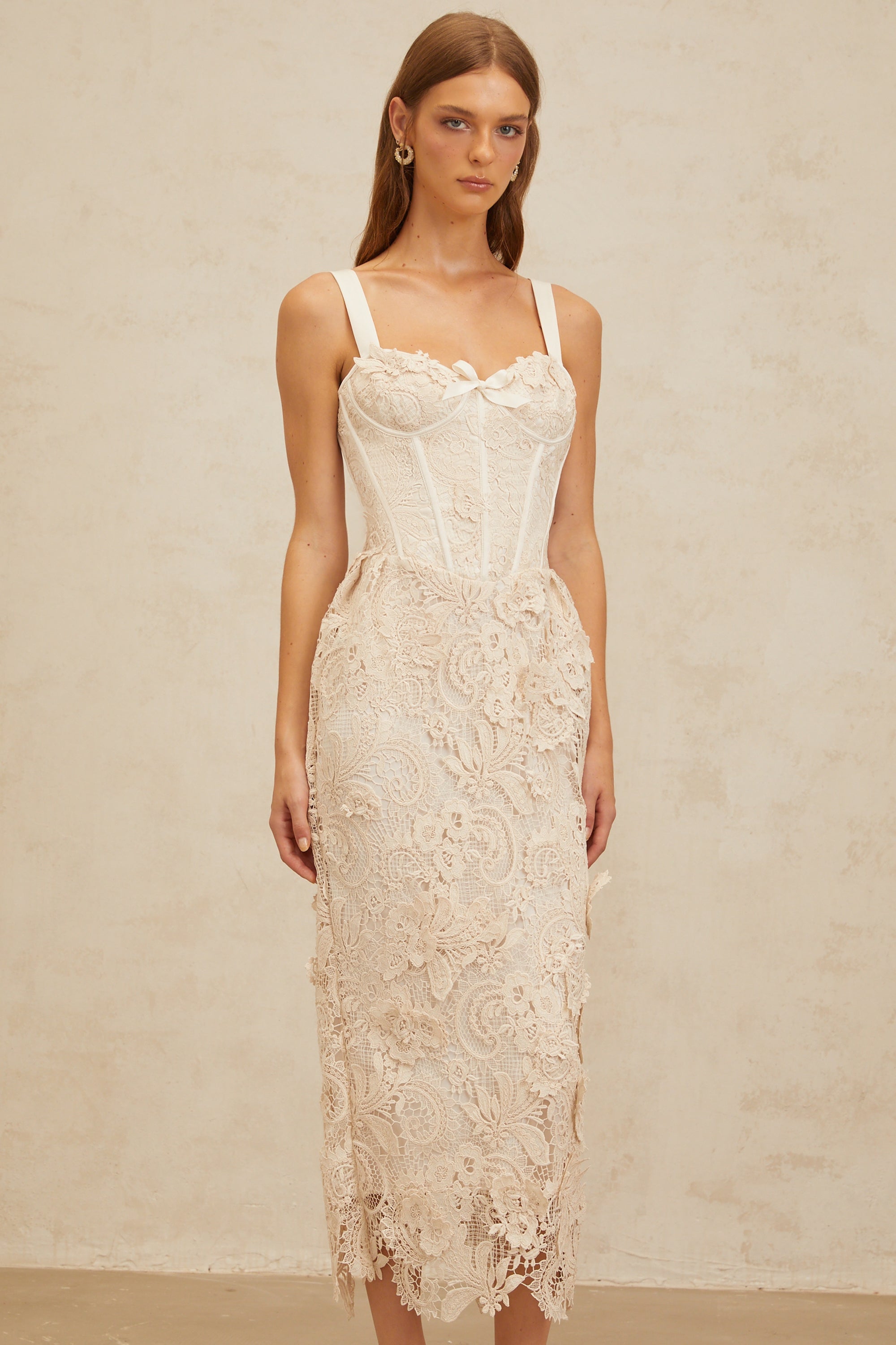 Robe midi corset en dentelle à lacets « Irène Neutral » (Vente définitive)