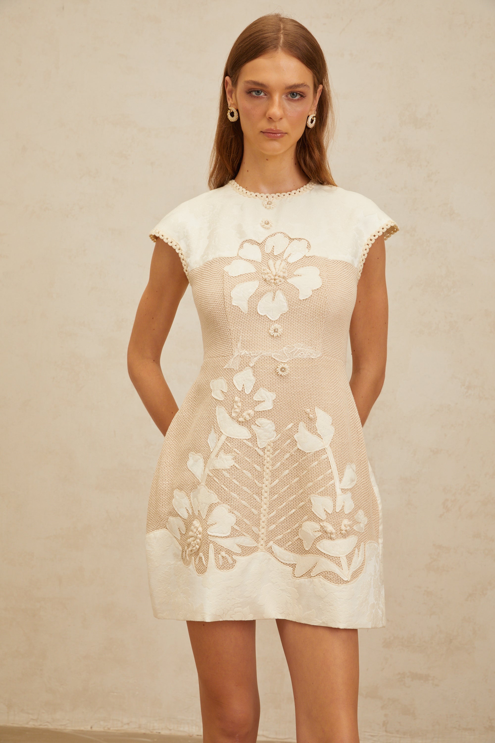 Manon Neutral Floral Embroidered Crochet Mini Dress (Final Sale-US Only)