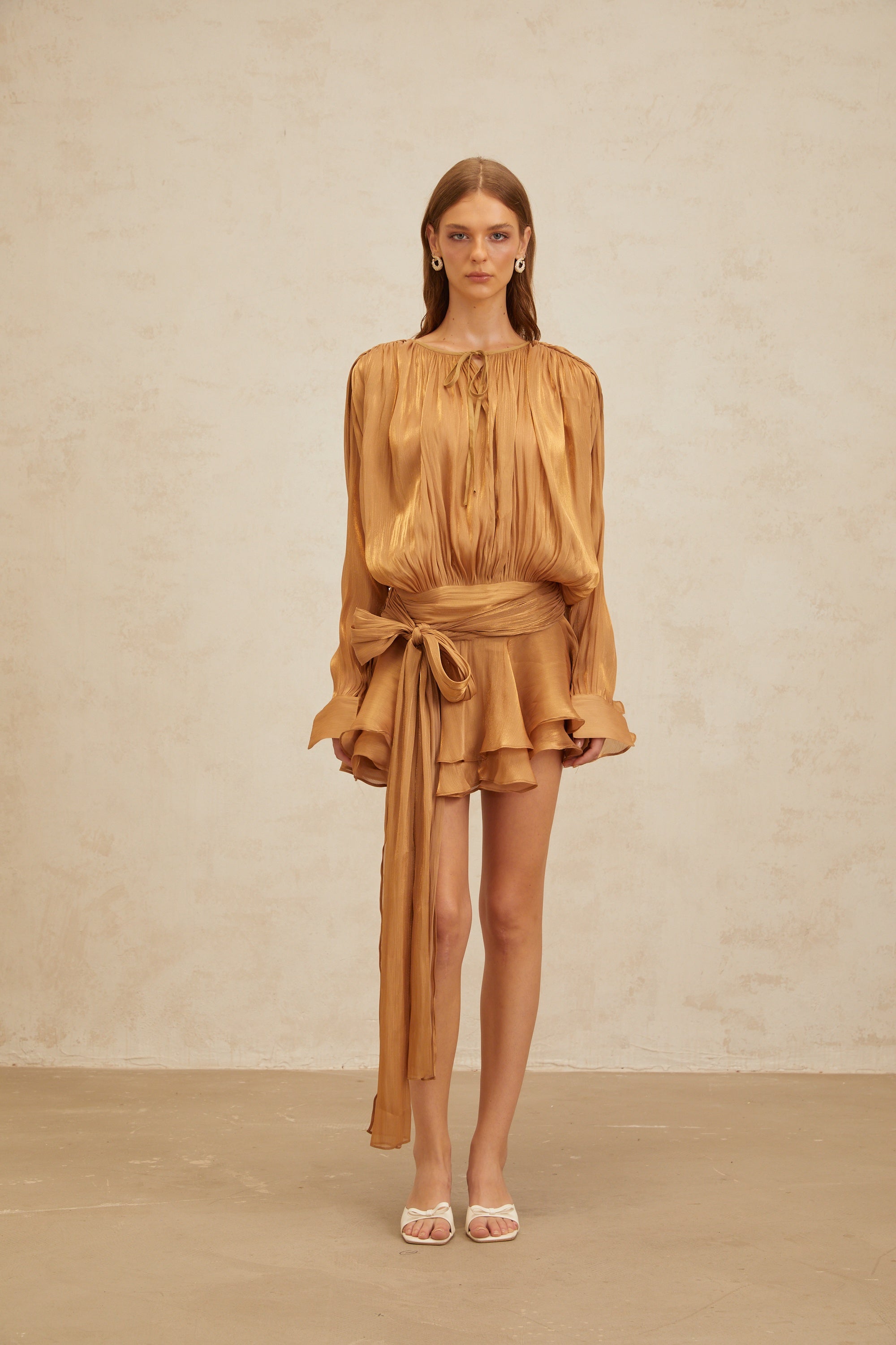 Eugénie Gold Fully Pleated Ruffled Mini Dress (Final Sale)