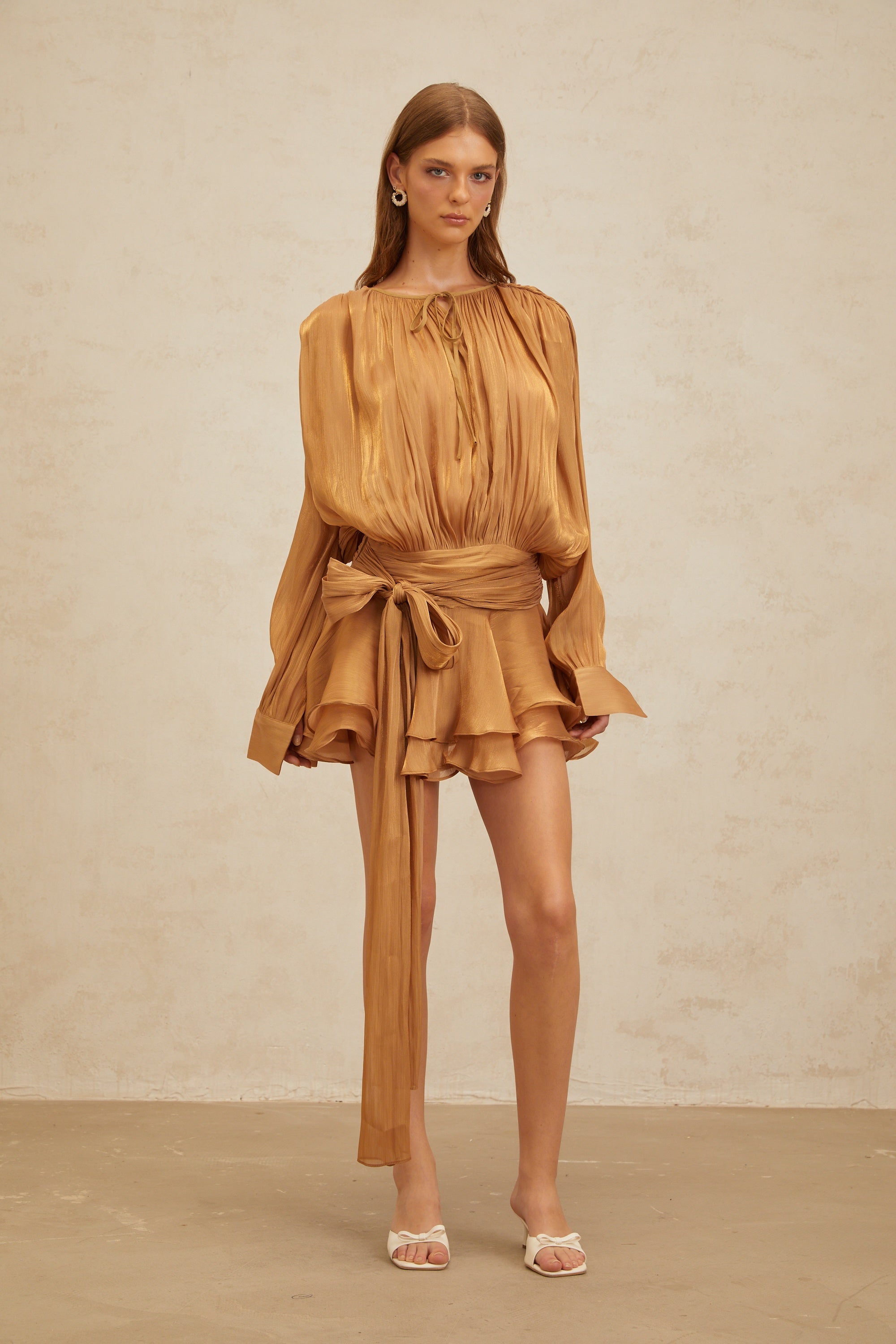 Eugénie Gold Fully Pleated Ruffled Mini Dress (Final Sale)