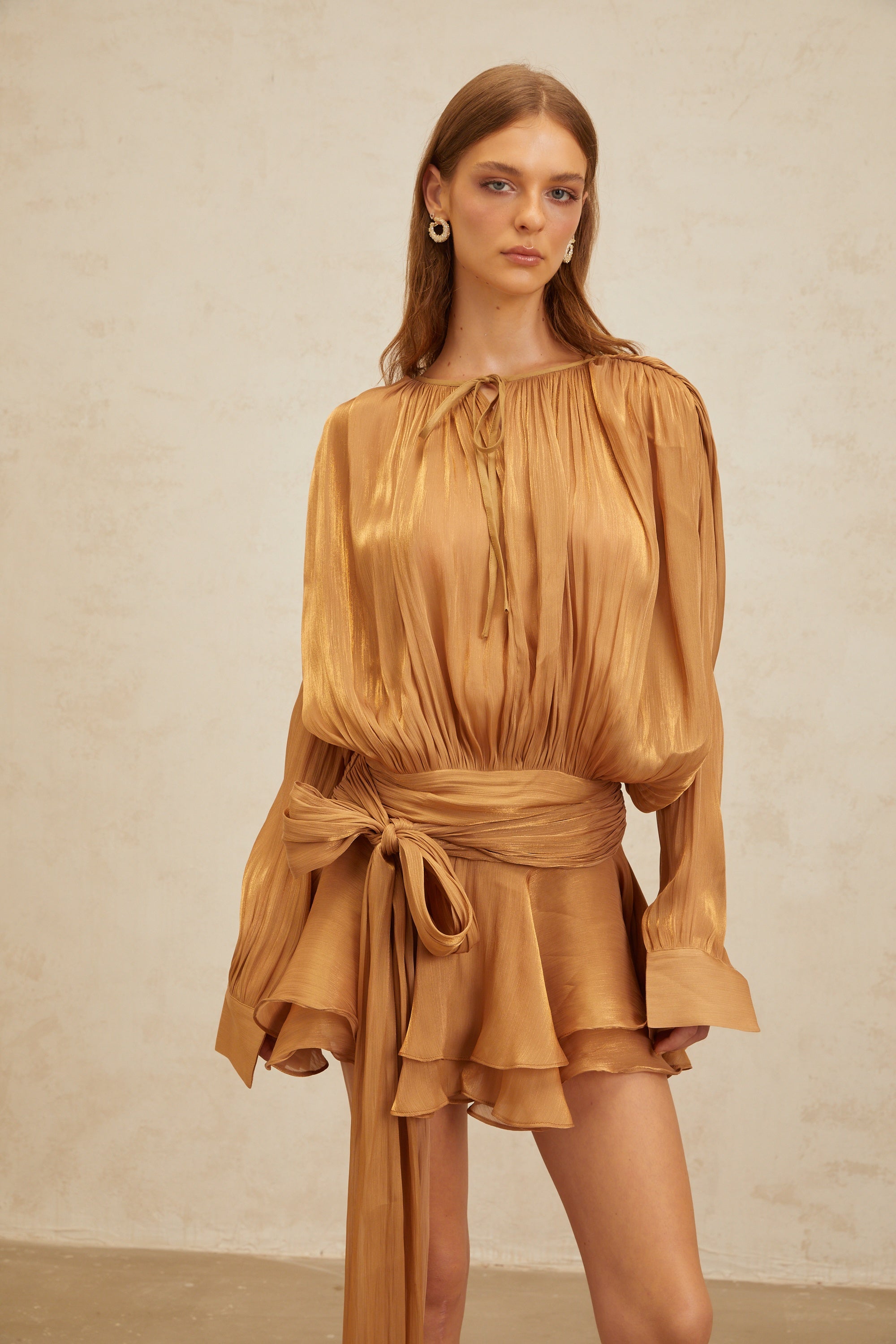 Eugénie Gold Fully Pleated Ruffled Mini Dress (Final Sale)