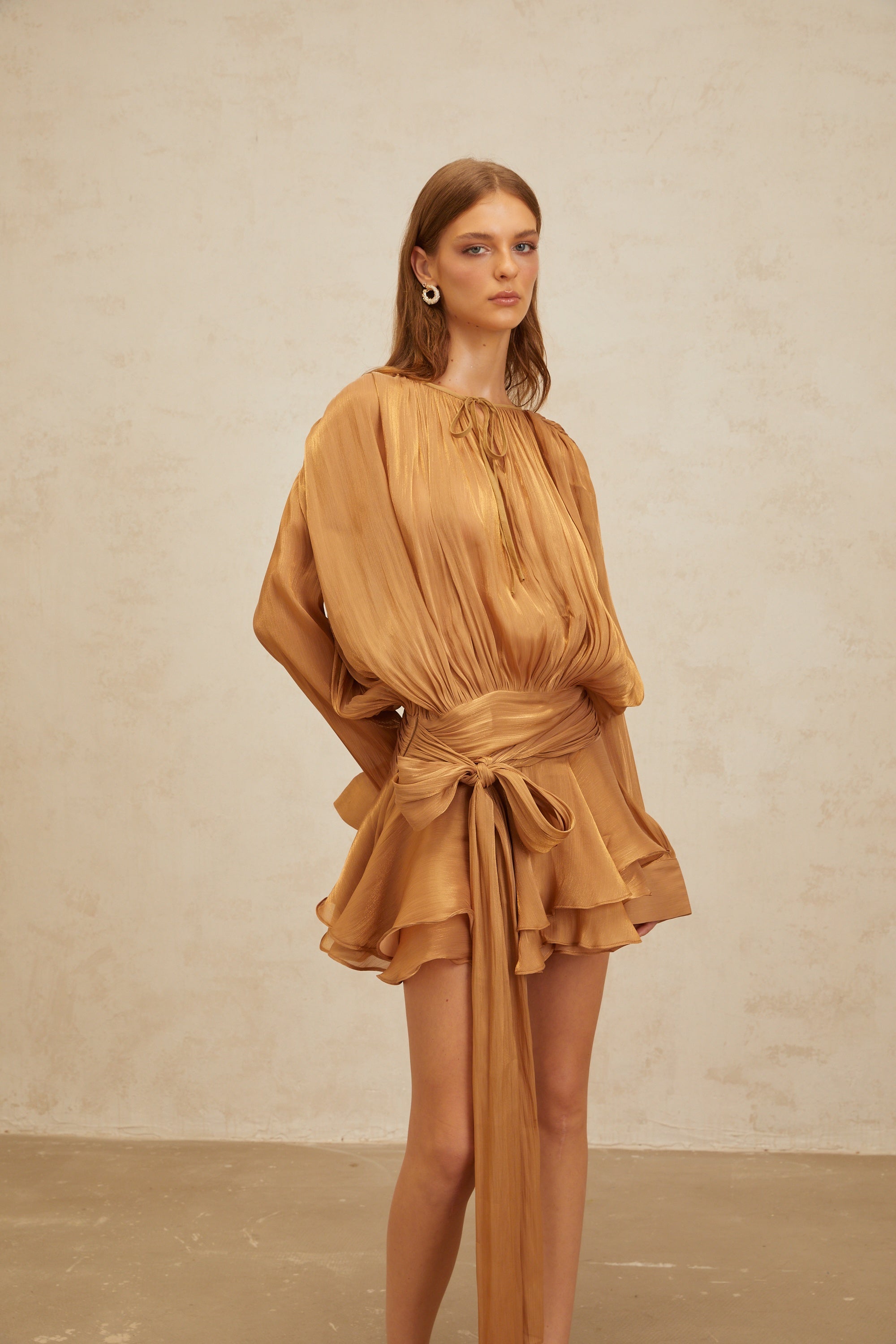 Eugénie Gold Fully Pleated Ruffled Mini Dress (Final Sale-US Only)