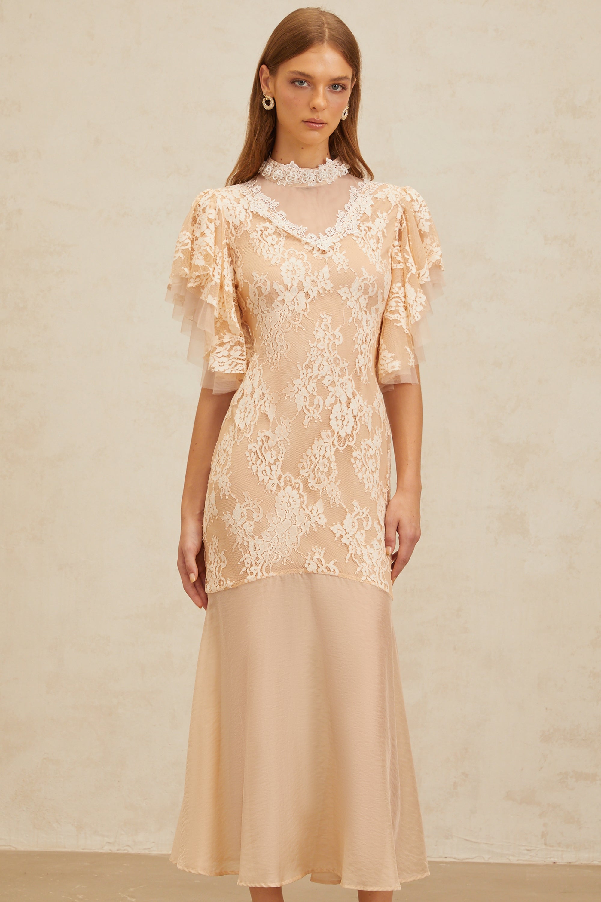 Annabelle Embellished Floral Lace Panelled Midi Dress in Neutrals (Final Sale)
