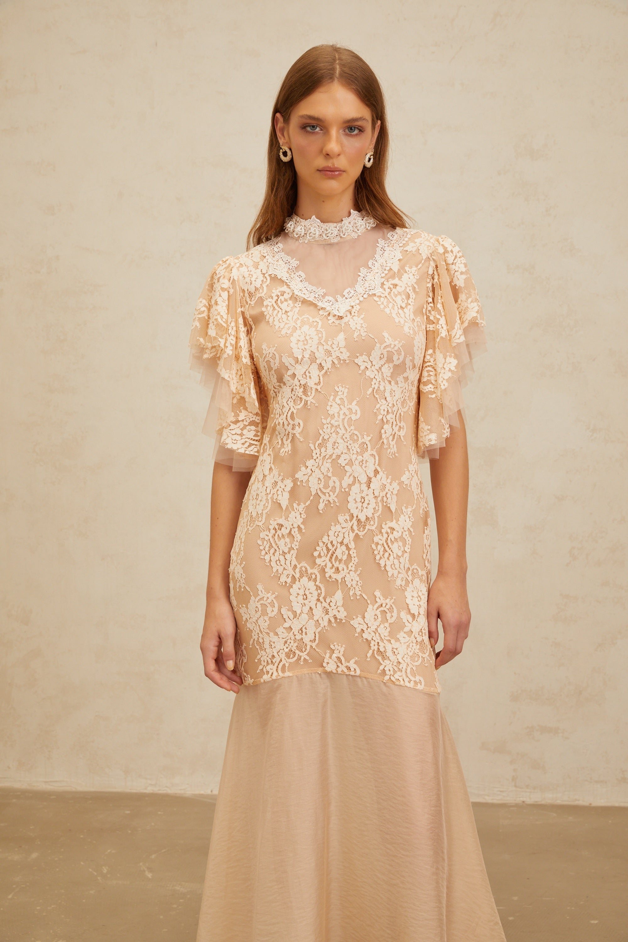 Annabelle Embellished Floral Lace Panelled Midi Dress in Neutrals (Final Sale)