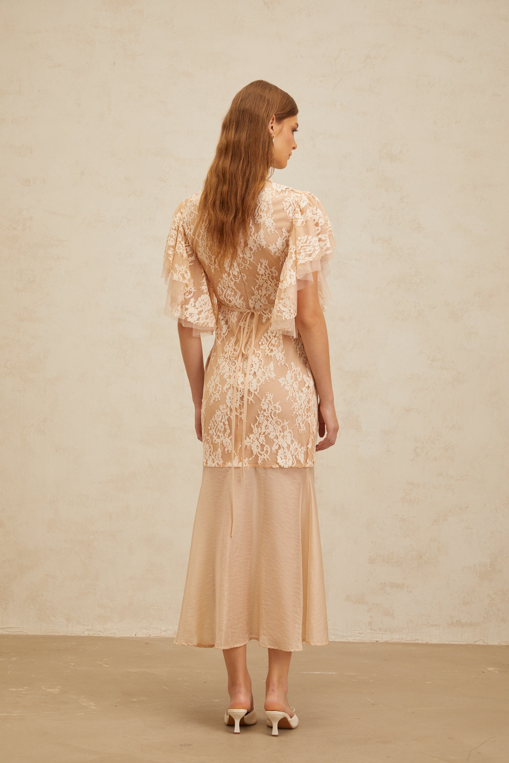 Annabelle Embellished Floral Lace Panelled Midi Dress in Neutrals (Final Sale)