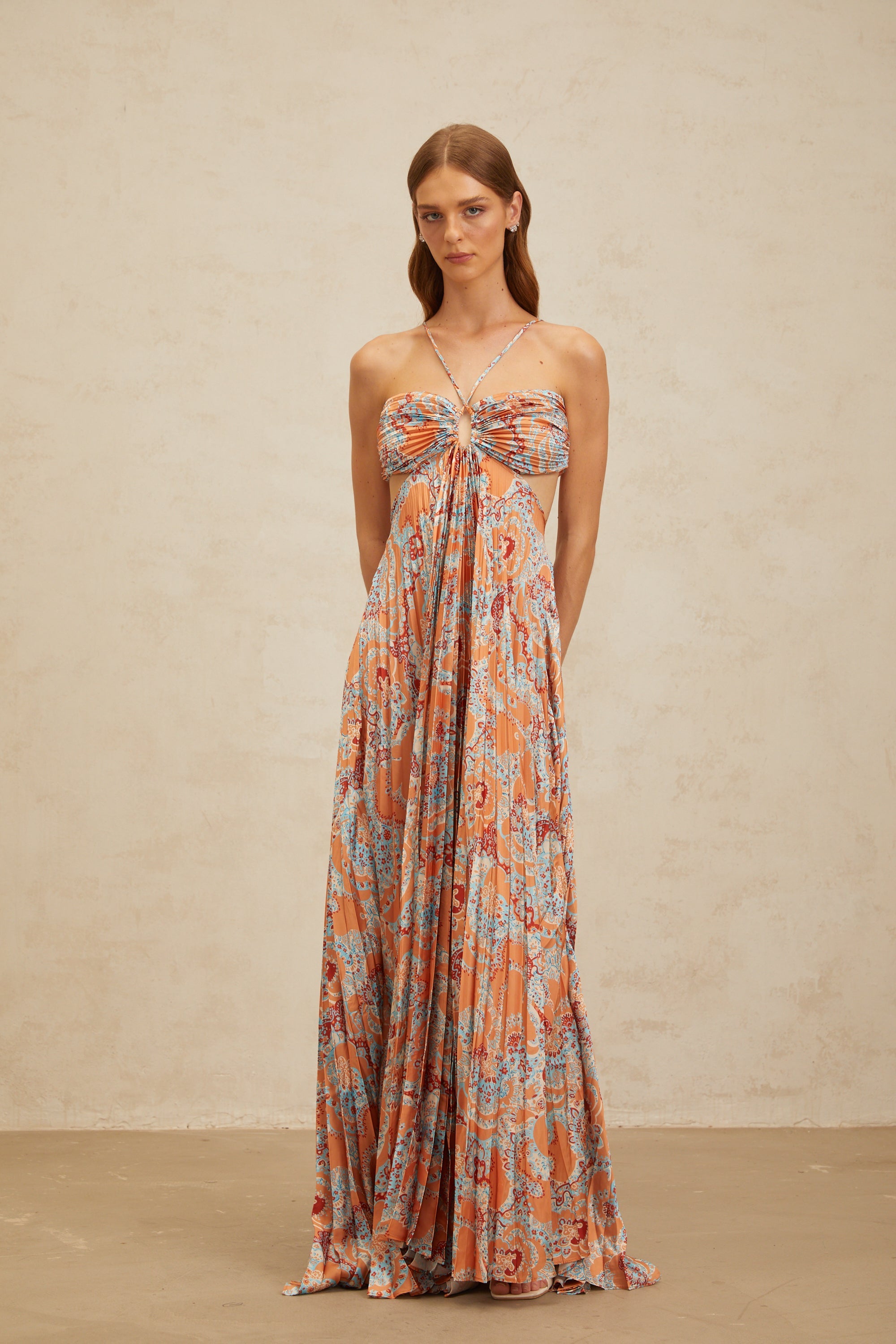 Andréa Orange Floral Print Pleated Maxi Dress with Cutout Detail (Final Sale)