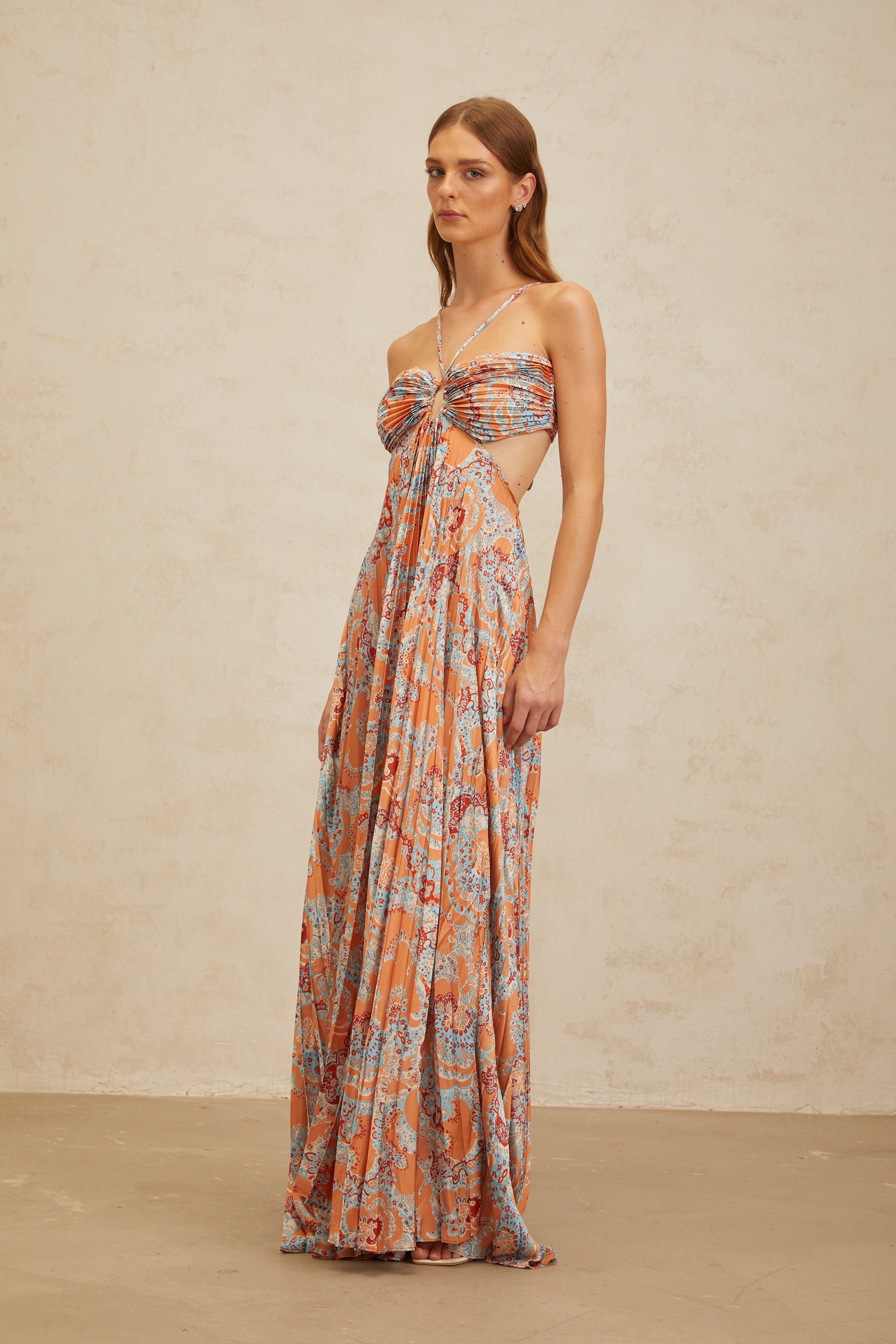 Andréa Orange Floral Print Pleated Maxi Dress with Cutout Detail (Final Sale)