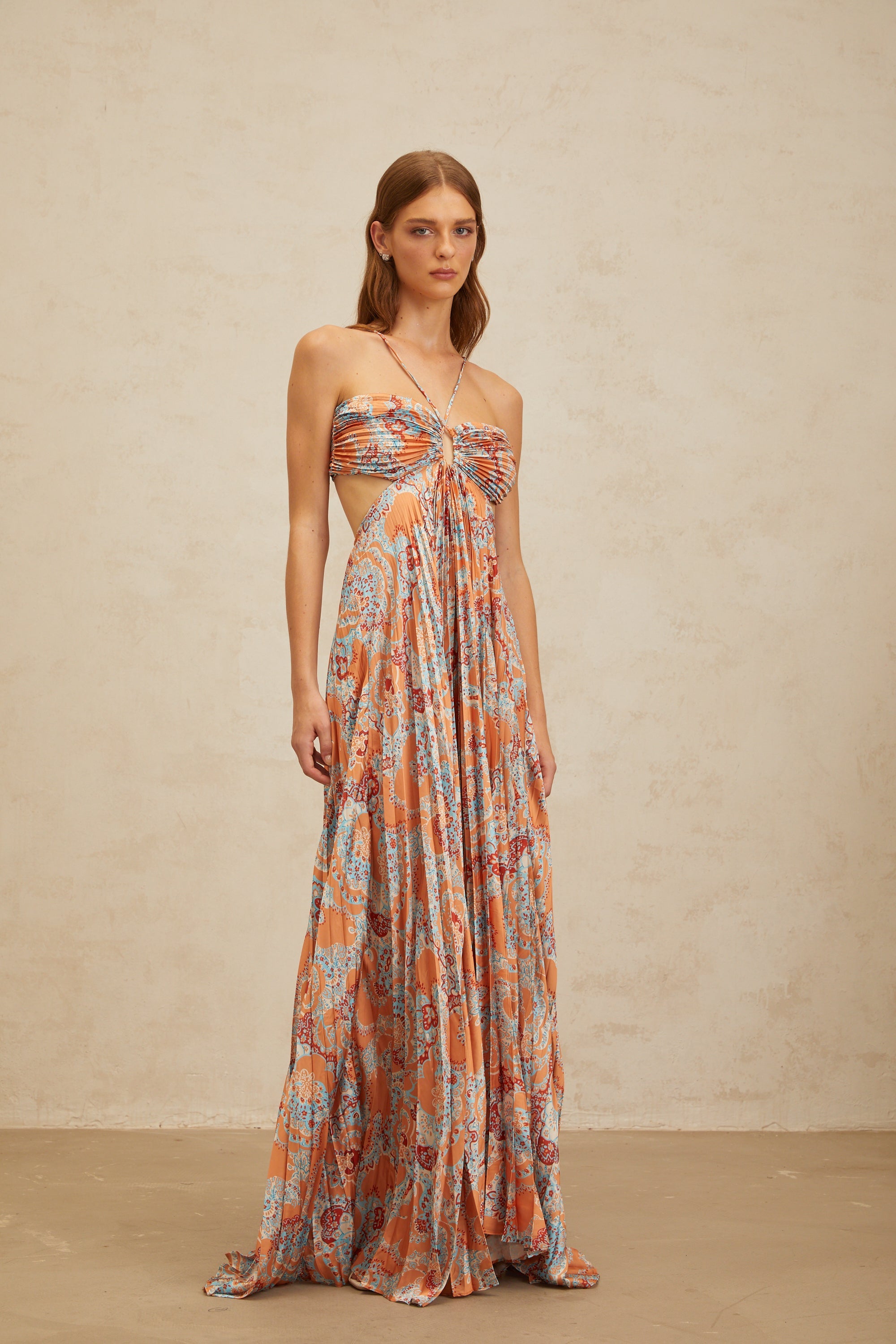 Andréa Orange Floral Print Pleated Maxi Dress with Cutout Detail (Final Sale)