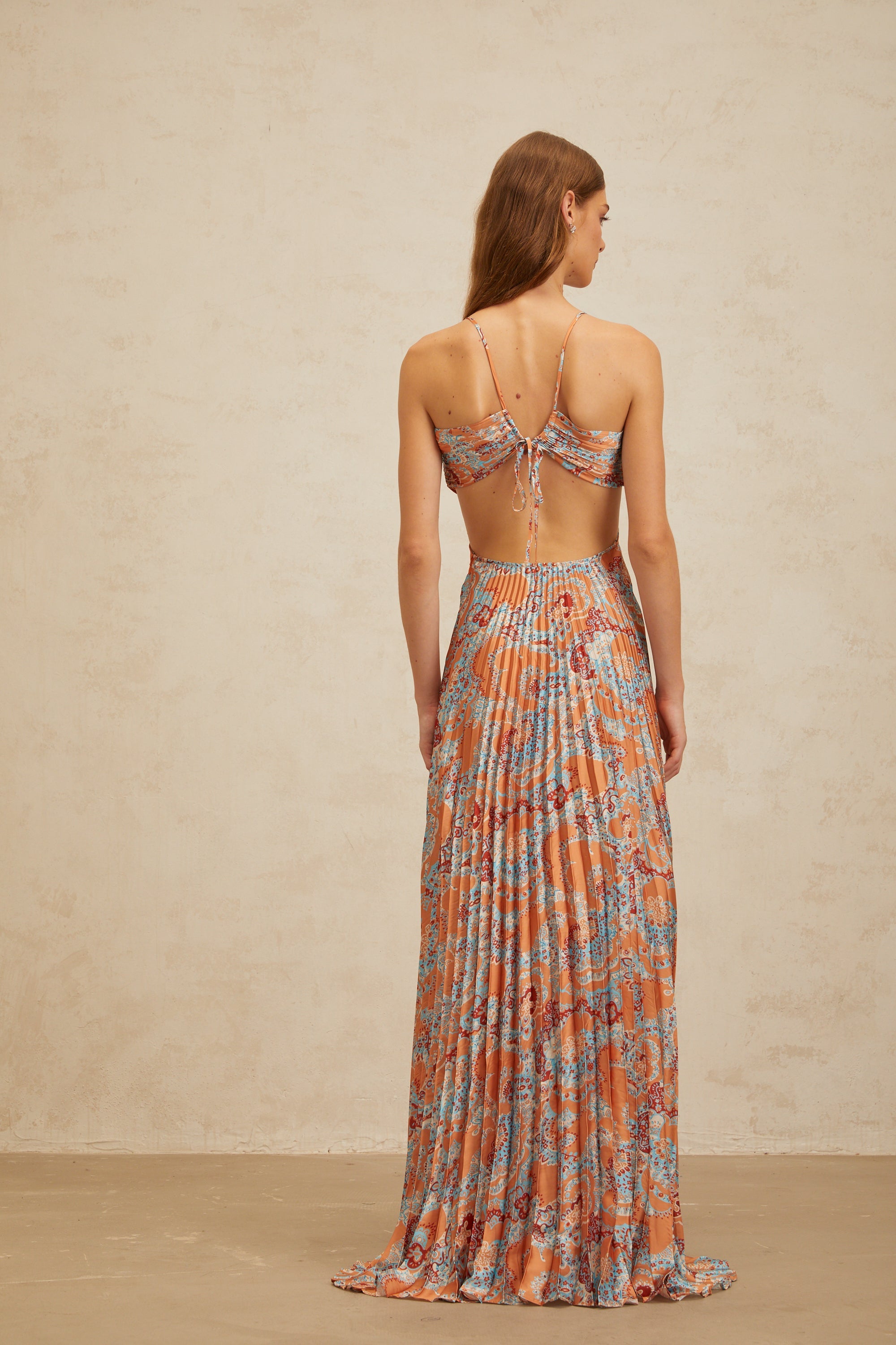 Andréa Orange Floral Print Pleated Maxi Dress with Cutout Detail (Final Sale)