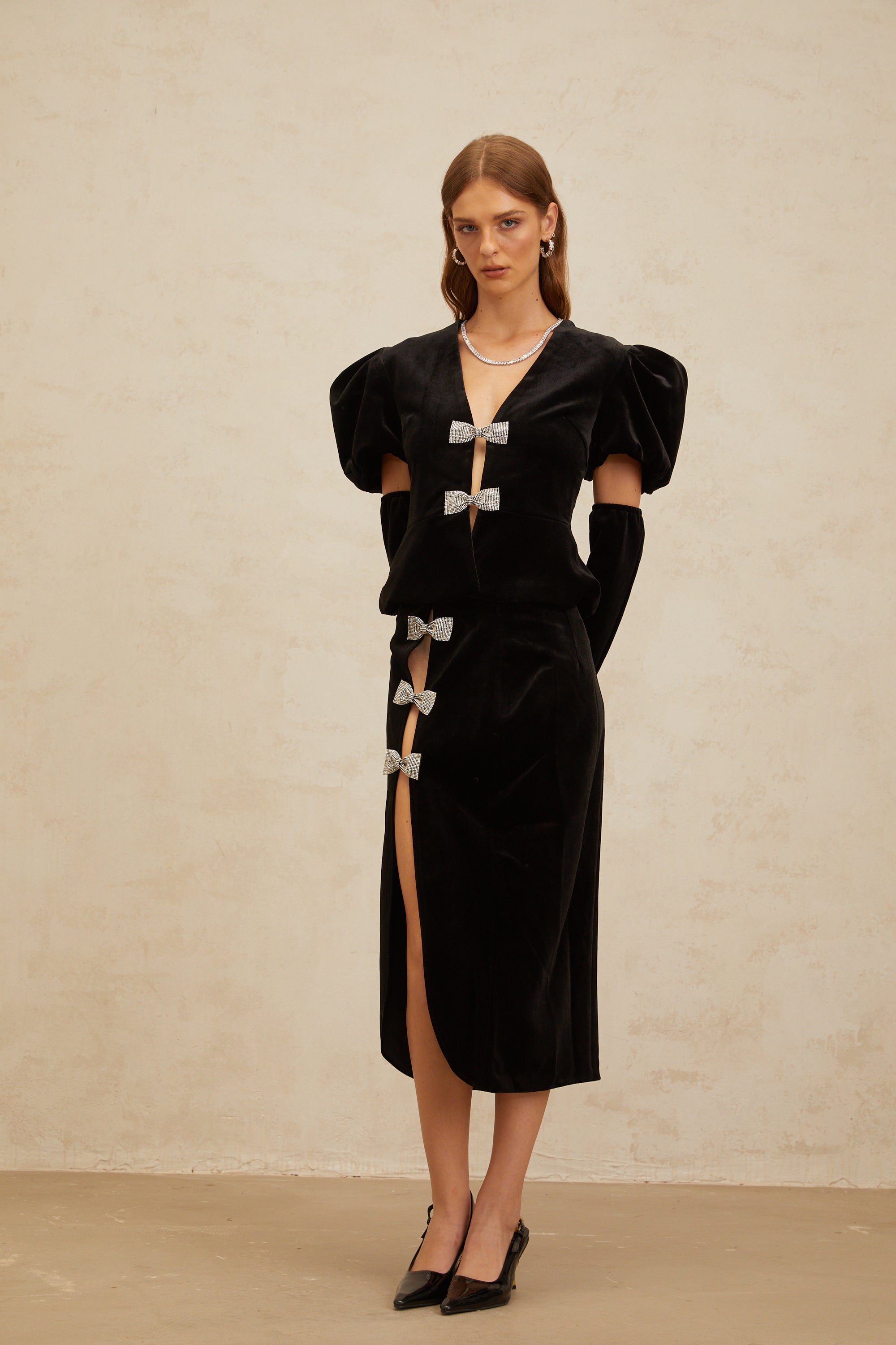 Adèle Black Bowknot Cut-Out Velvet Top & Skirt Matching Set (Final Sale-US Only)