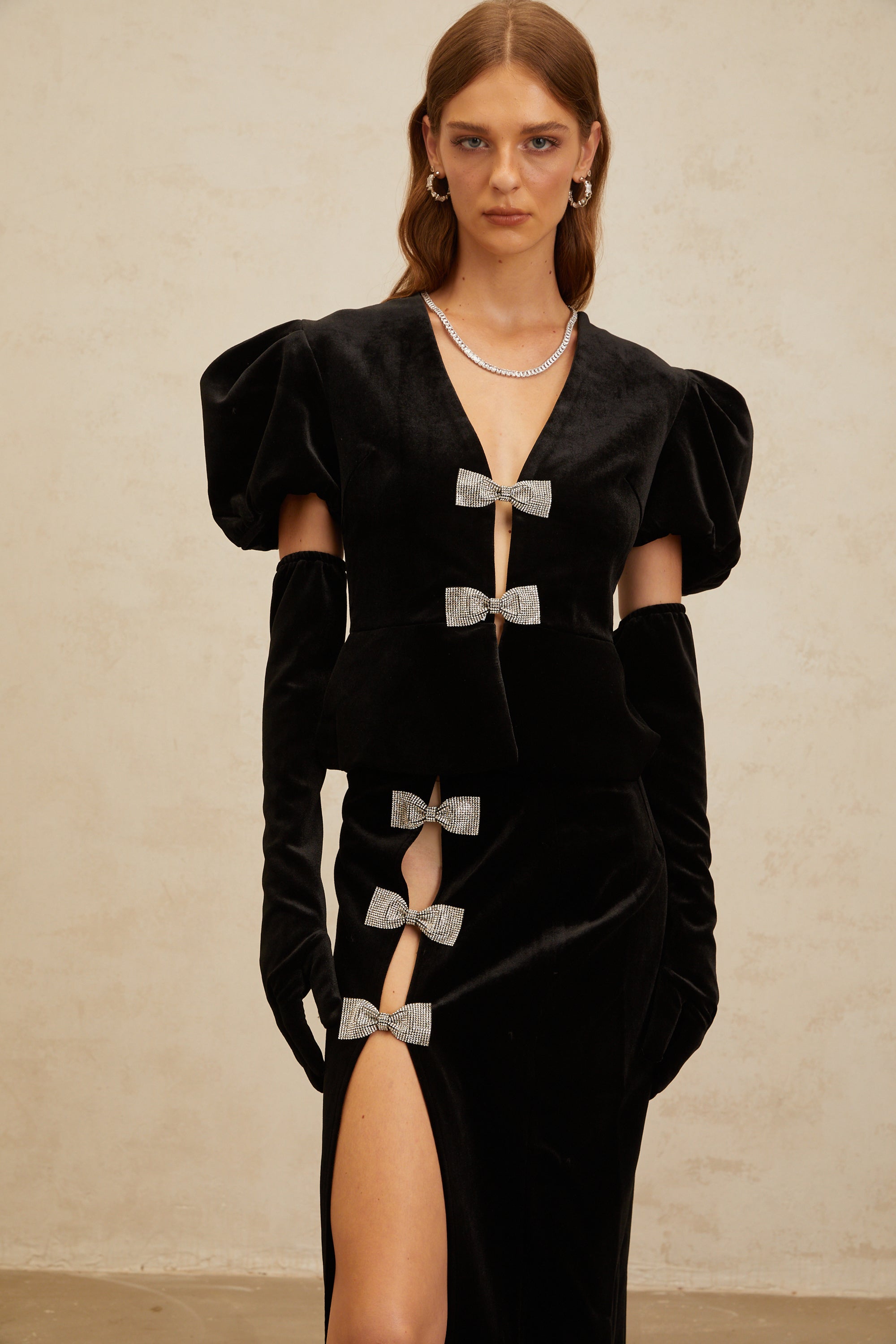 Adèle Black Bowknot Cut-Out Velvet Top & Skirt Matching Set (Final Sale-US Only)