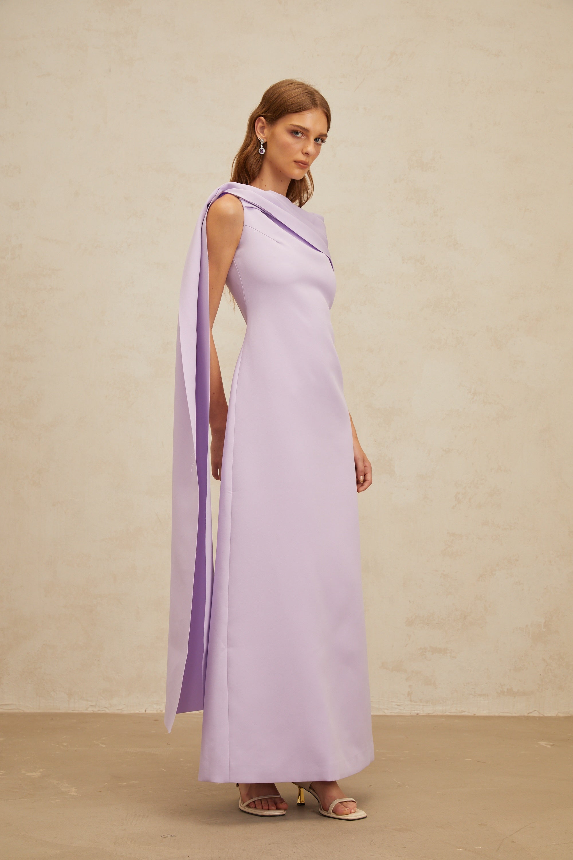 Annabelle Purple Cape-Design Ribbon Maxi Dress (Final Sale)