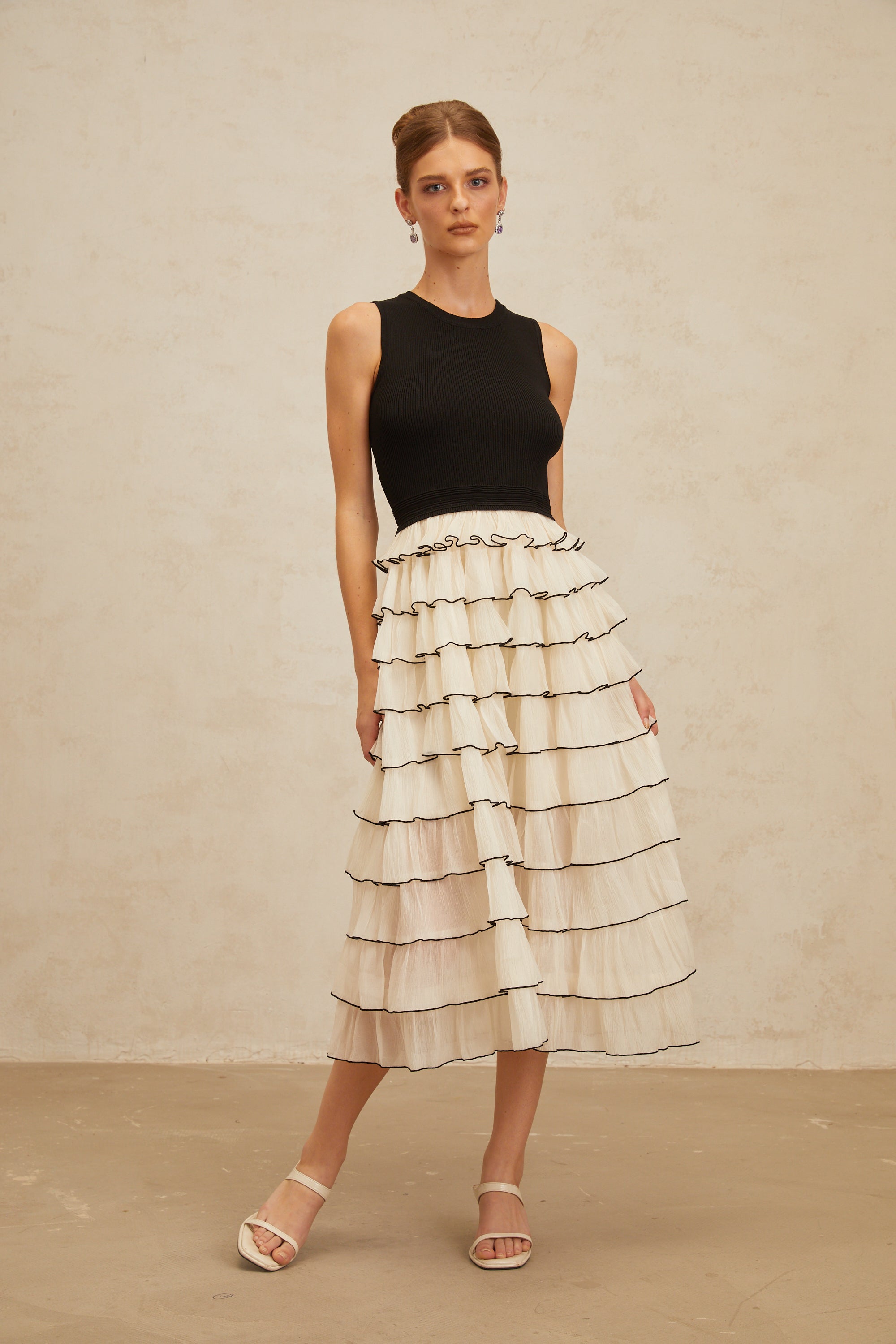 Anouk Contrast Color Tiered Panelled Midi Dress (Final Sale-US Only)