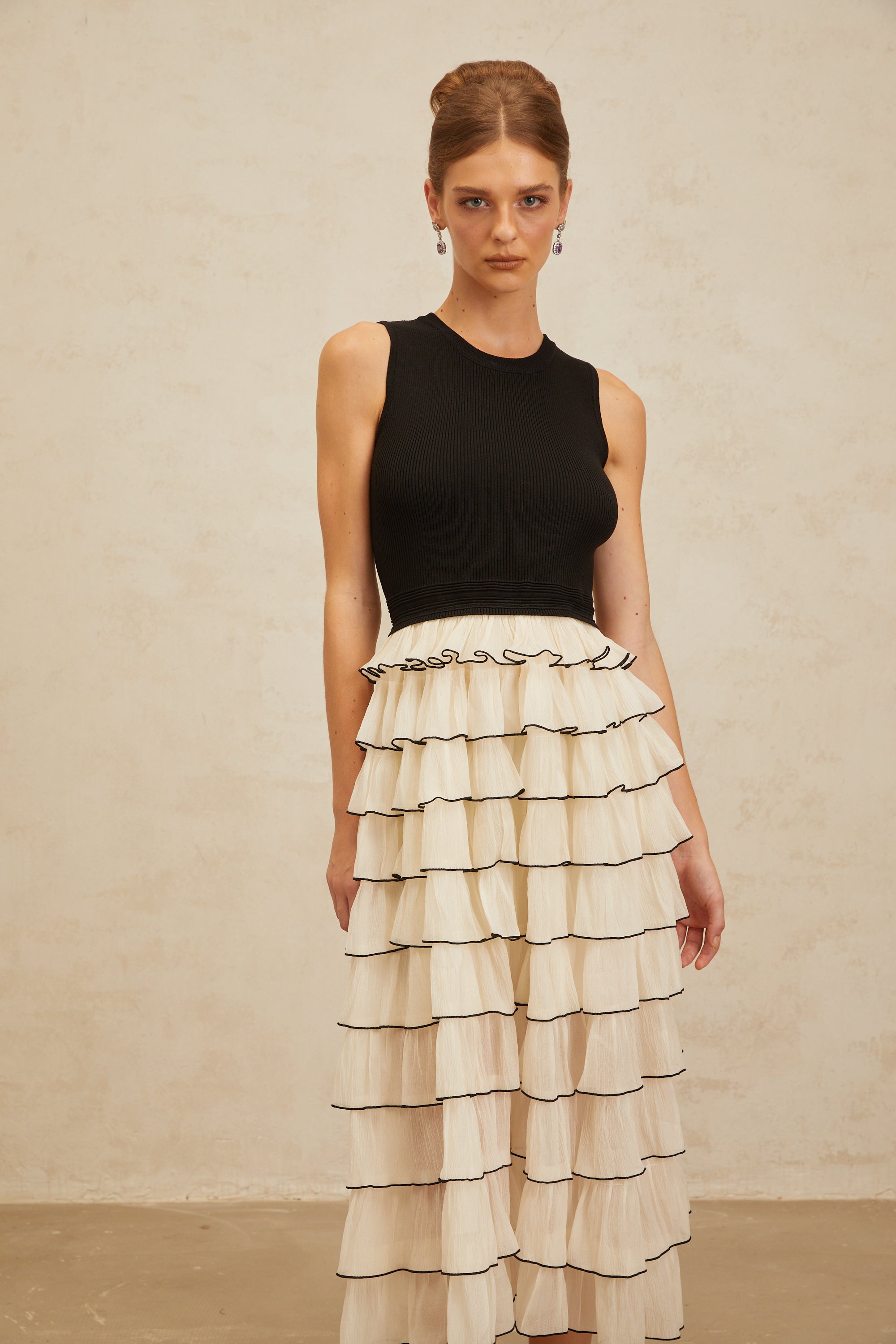 Anouk Contrast Color Tiered Panelled Midi Dress (Final Sale-US Only)