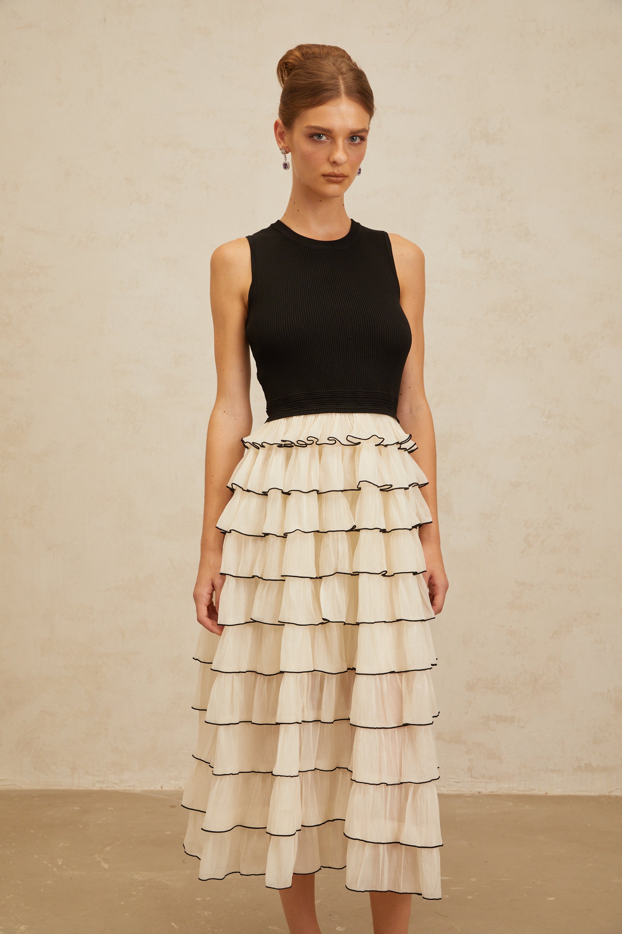 Anouk Contrast Color Tiered Panelled Midi Dress (Final Sale-US Only)