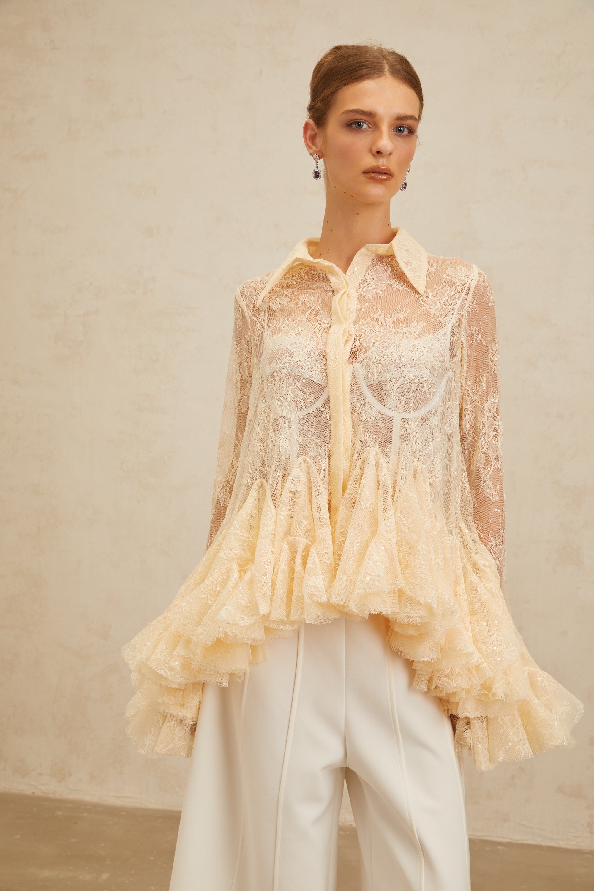 Ingrid Neutral Peplum Floral Lace Blouse