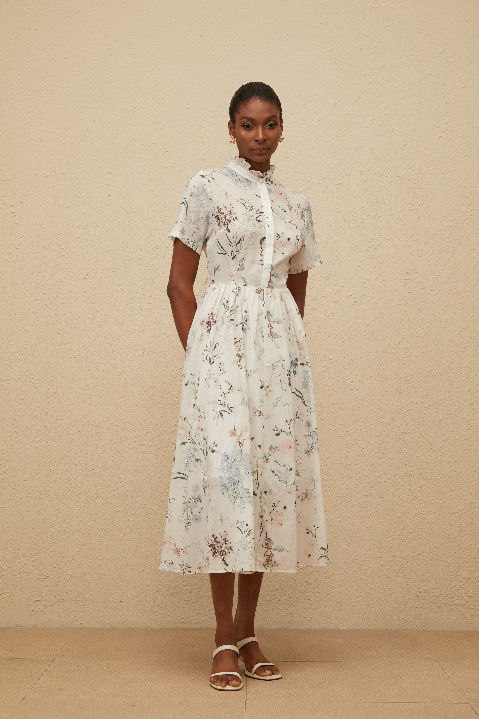 Héloïse White Floral Print Summer Midi Dress (Final Sale)