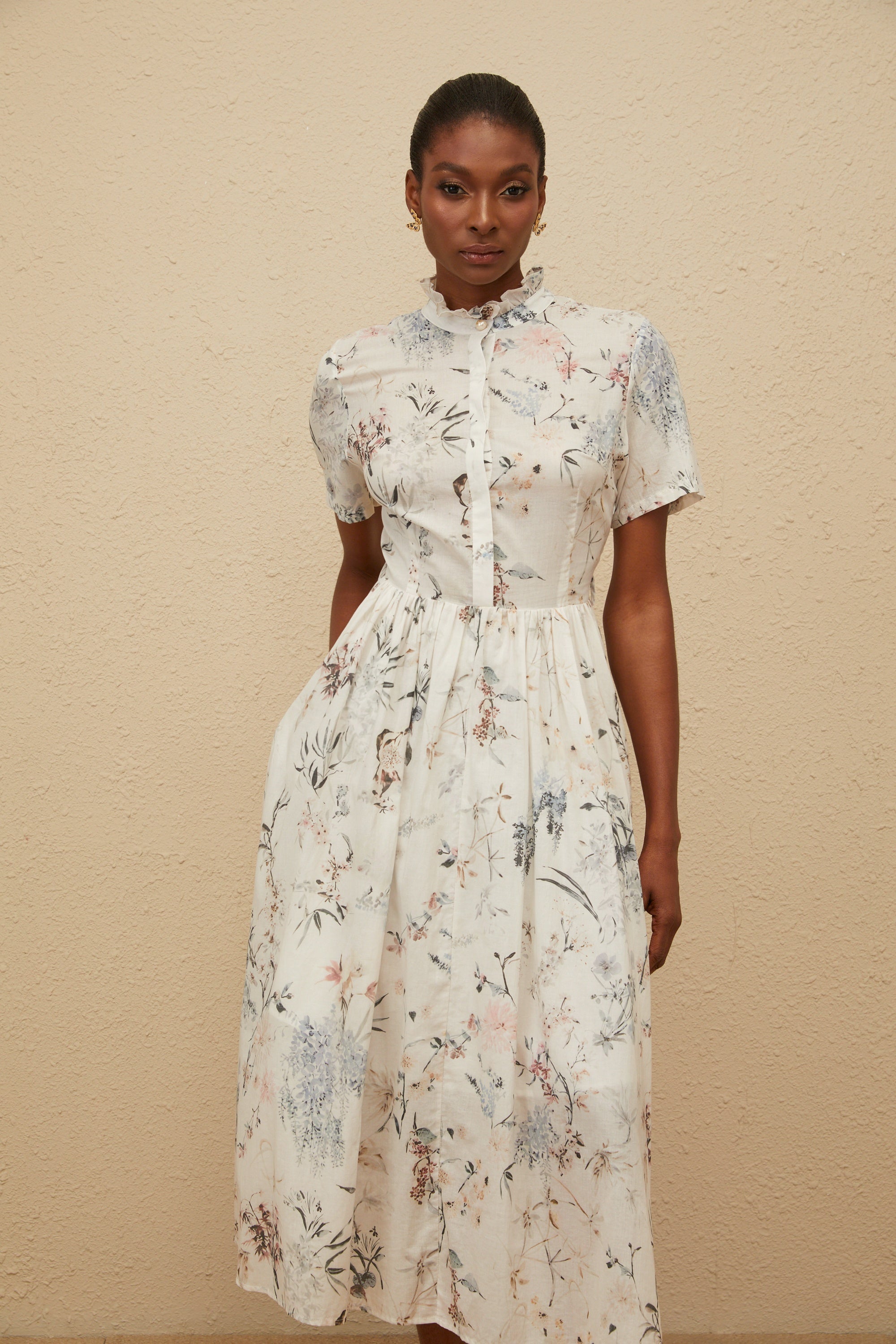 Héloïse White Floral Print Summer Midi Dress (Final Sale)
