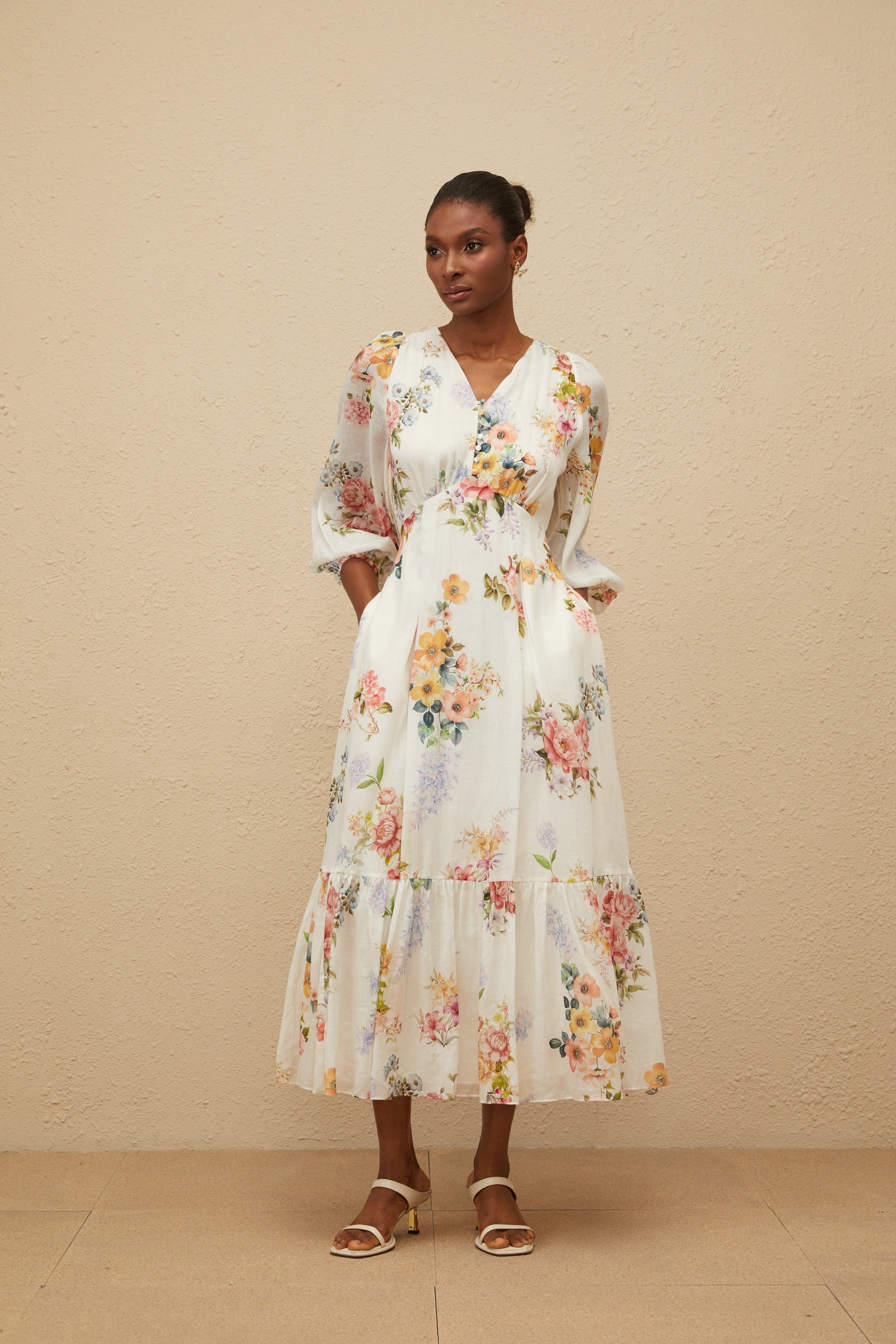 Noémie White Floral Print V-Neck Midi Dress (Final Sale)