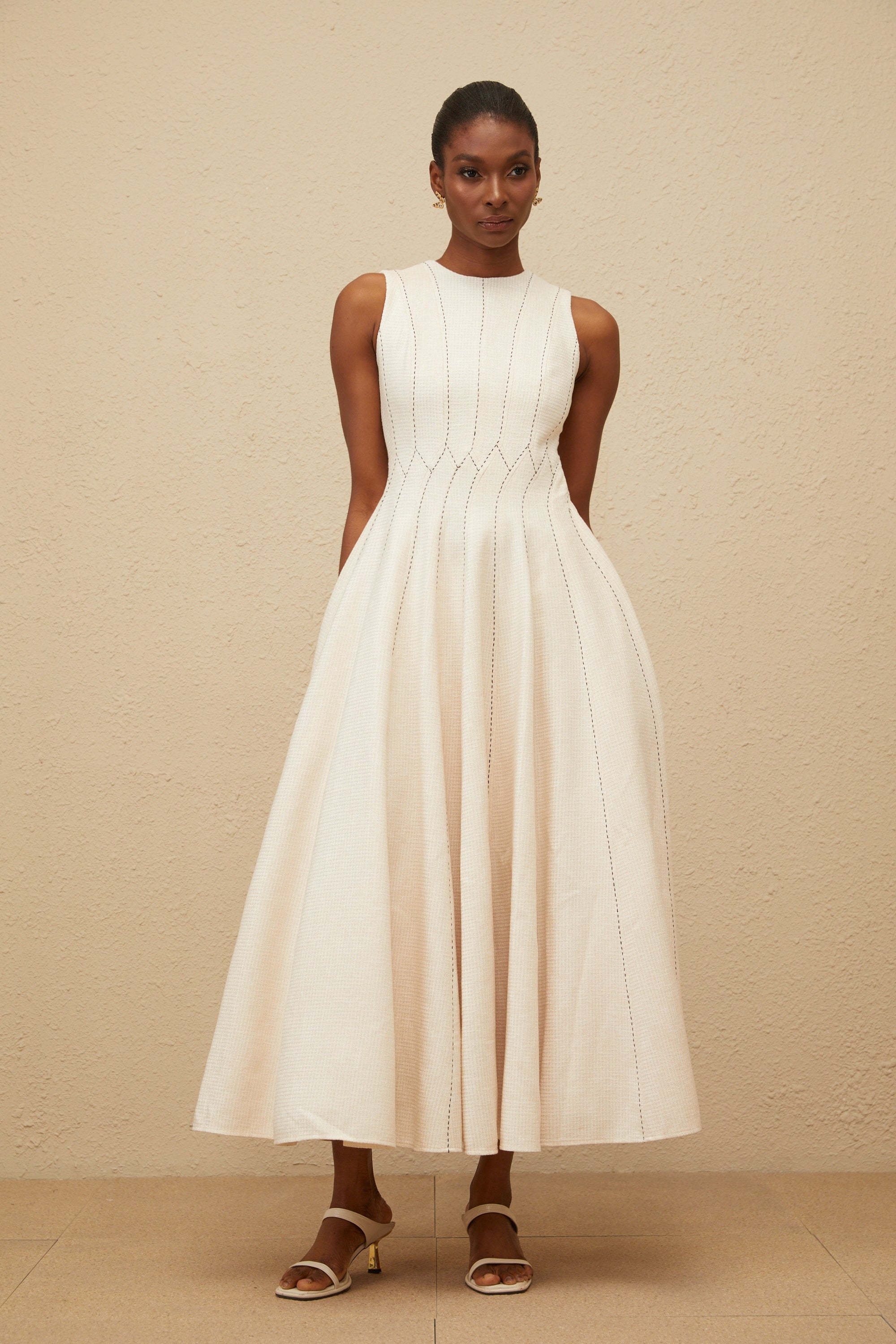 Délicatesse Neutral Shirred Textured Midi Dress (Final Sale-US Only)