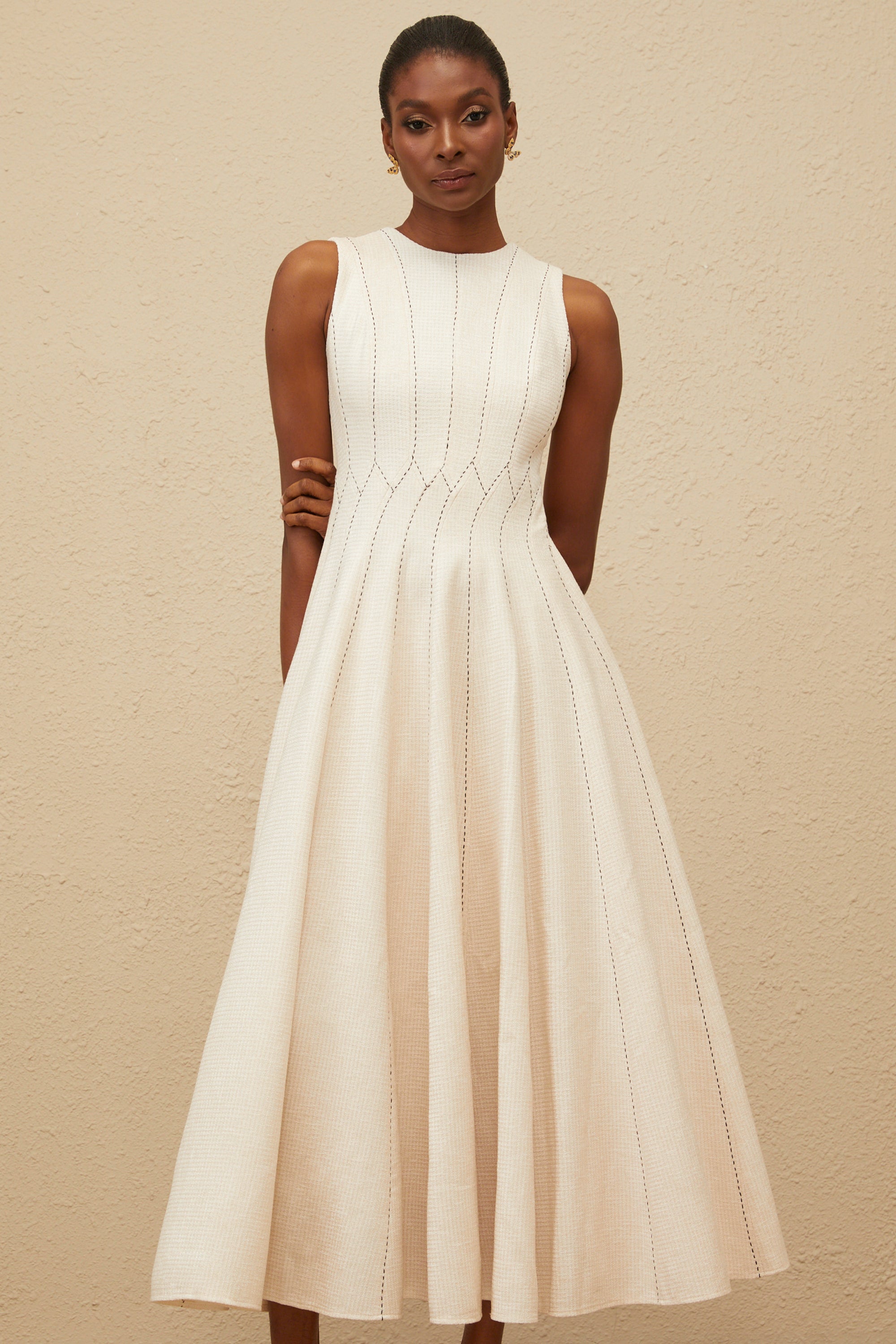 Délicatesse Neutral Shirred Textured Midi Dress (Final Sale-US Only)