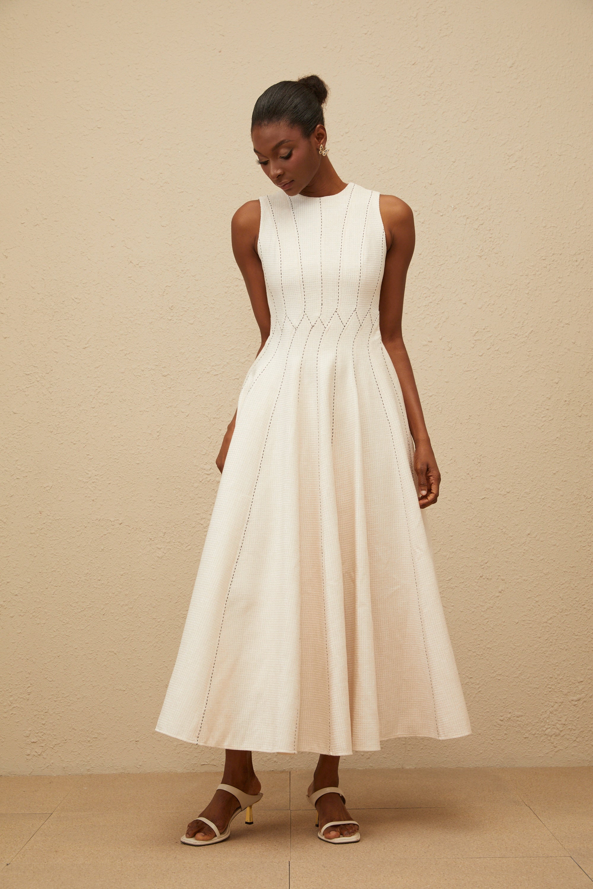 Délicatesse Neutral Shirred Textured Midi Dress (Final Sale-US Only)