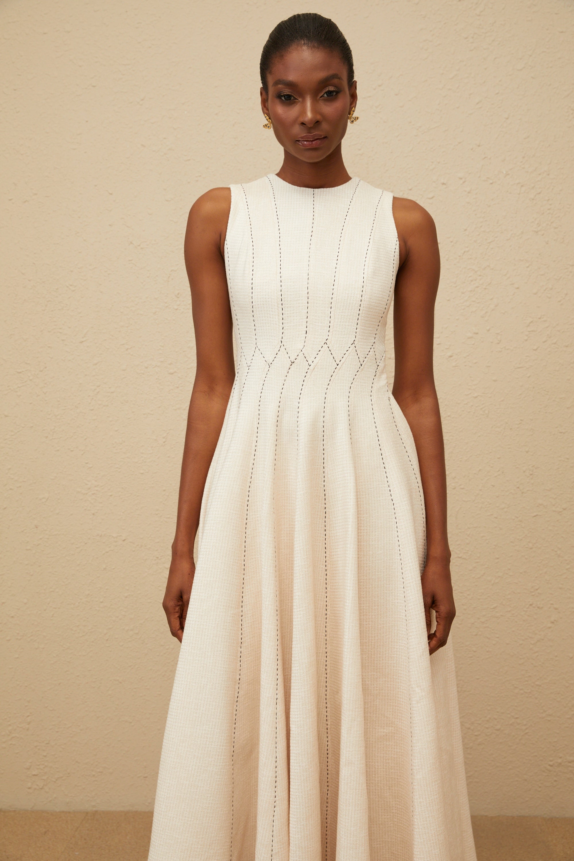 Délicatesse Neutral Shirred Textured Midi Dress (Final Sale-US Only)