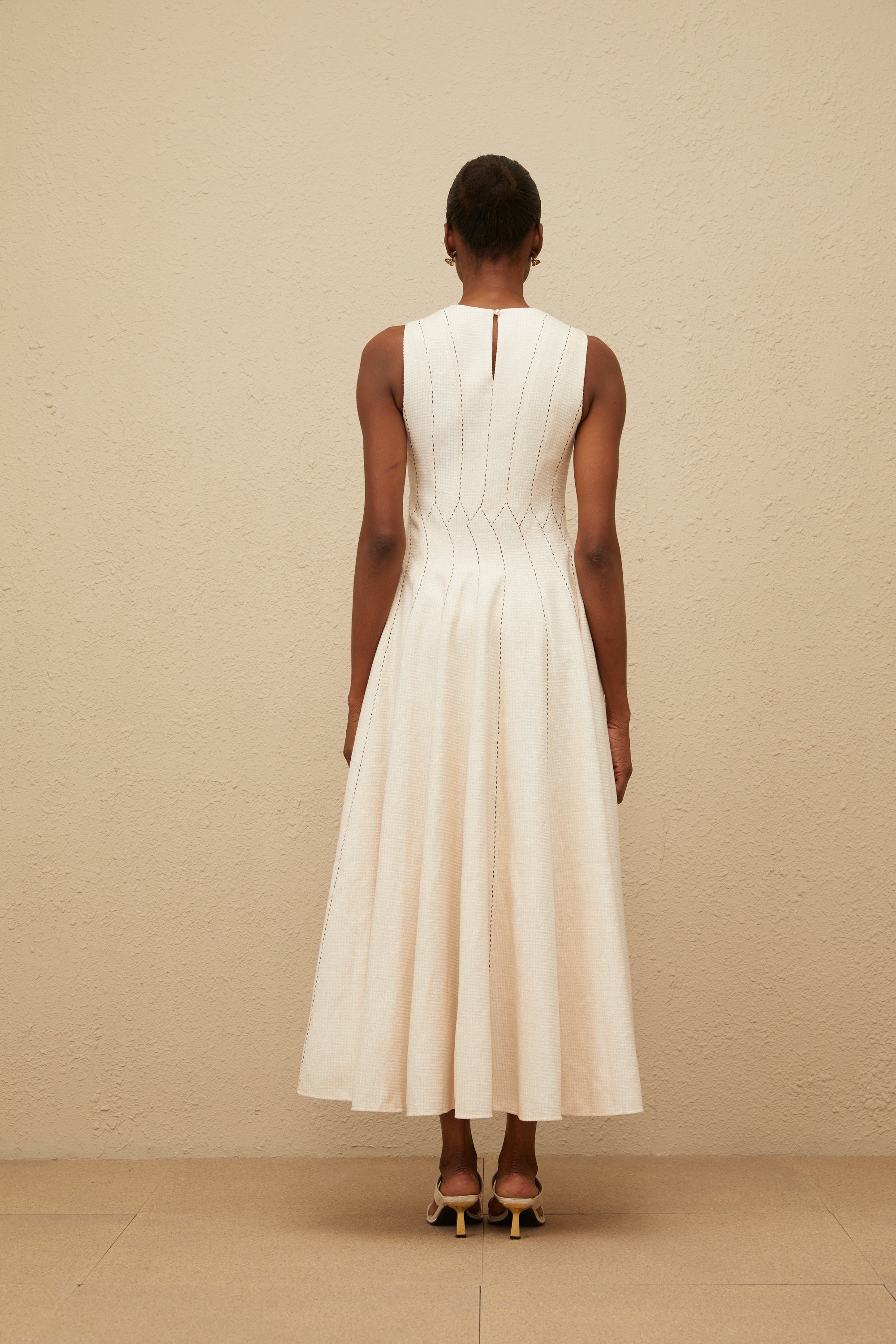 Délicatesse Neutral Shirred Textured Midi Dress (Final Sale-US Only)