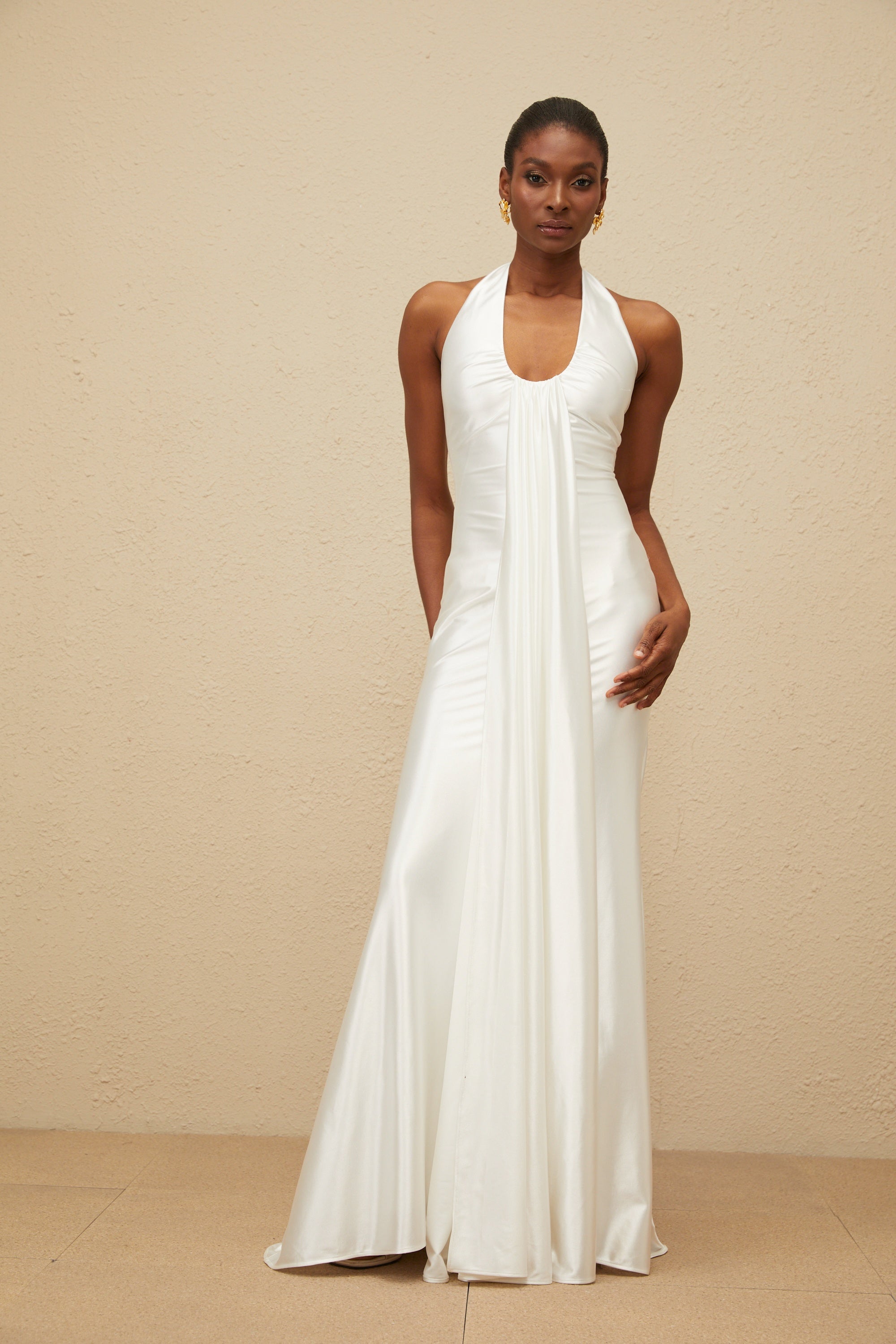 Céleste White Ruched Satin Maxi Dress (Final Sale-US Only)