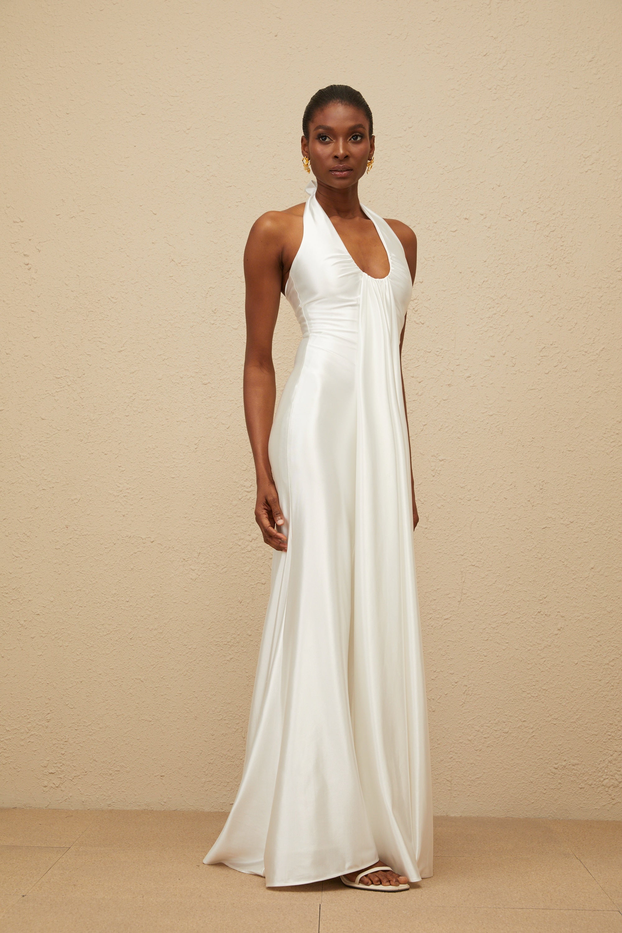 Céleste White Ruched Satin Maxi Dress (Final Sale-US Only)