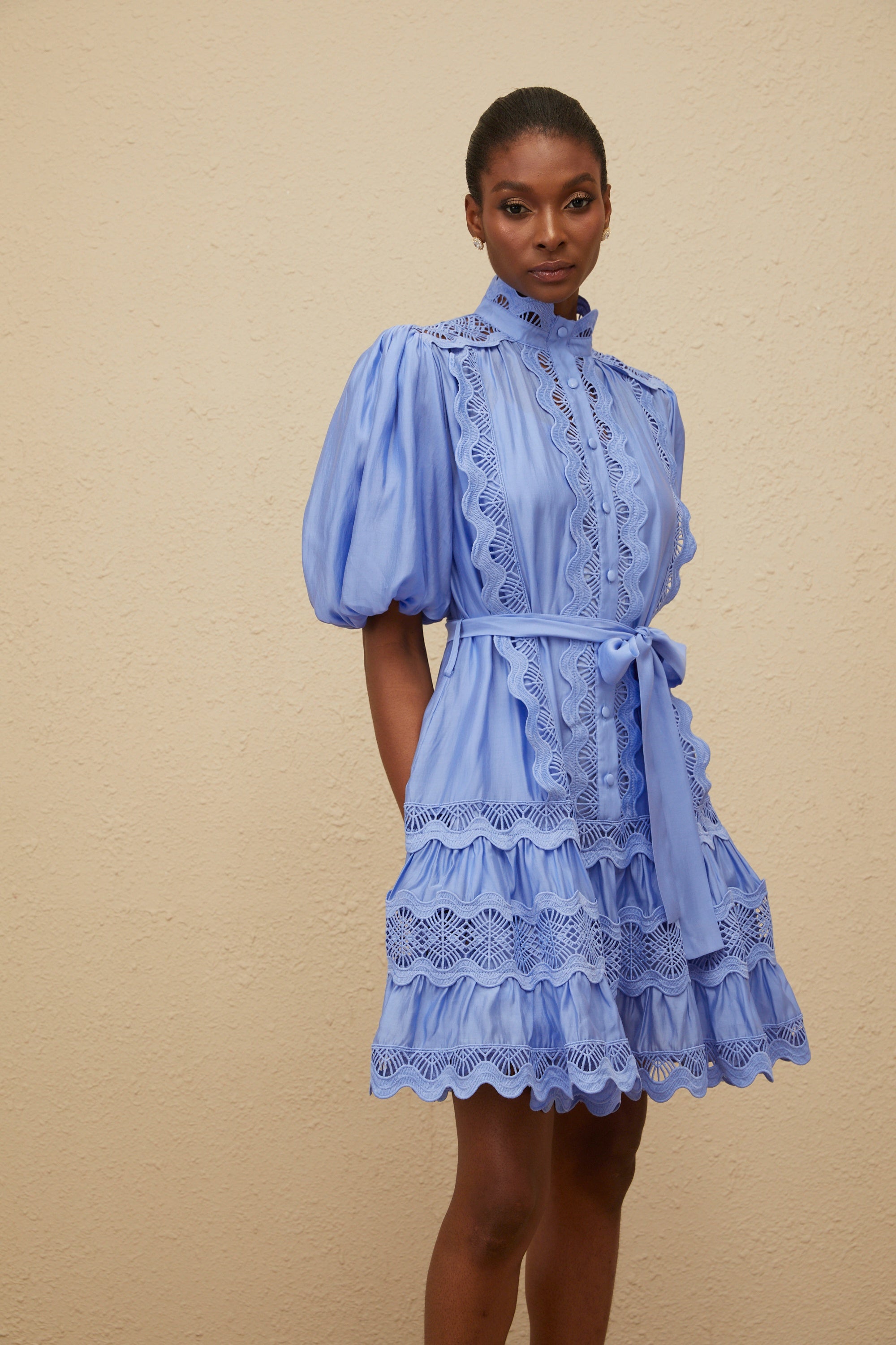 Poema Blue Tiered Motif Embroidered Mini Dress (Final Sale-US Only)