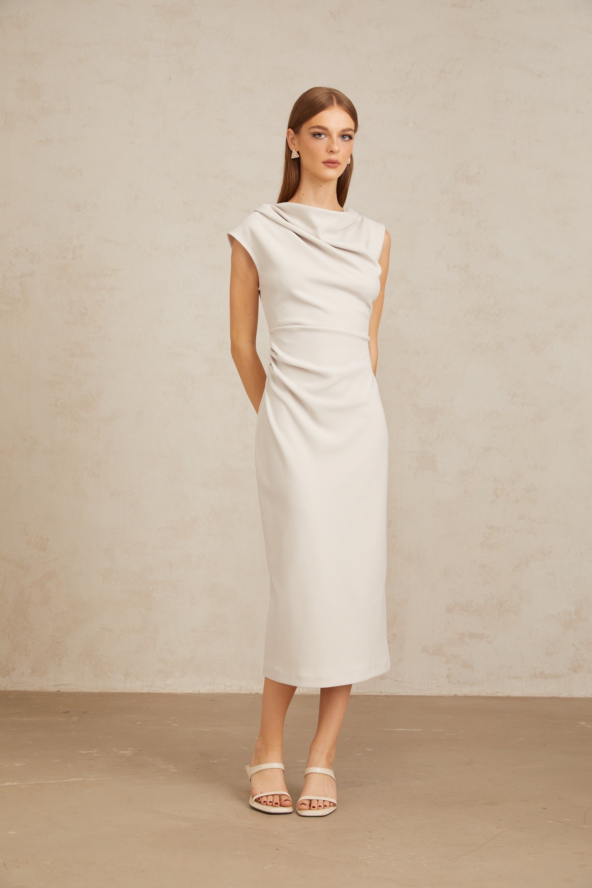 Jeanne Grey Ruched Pencil Midi Dress (Final Sale-US Only)