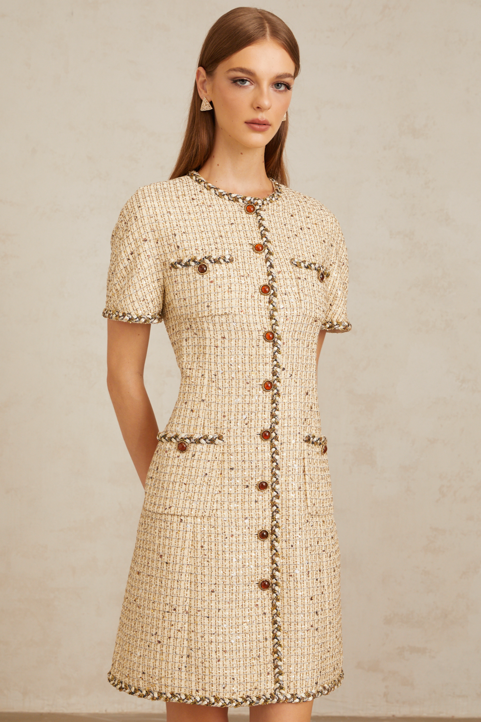 Mini-robe en tweed A-Line d'Énergie Neutral (Vente définitive)
