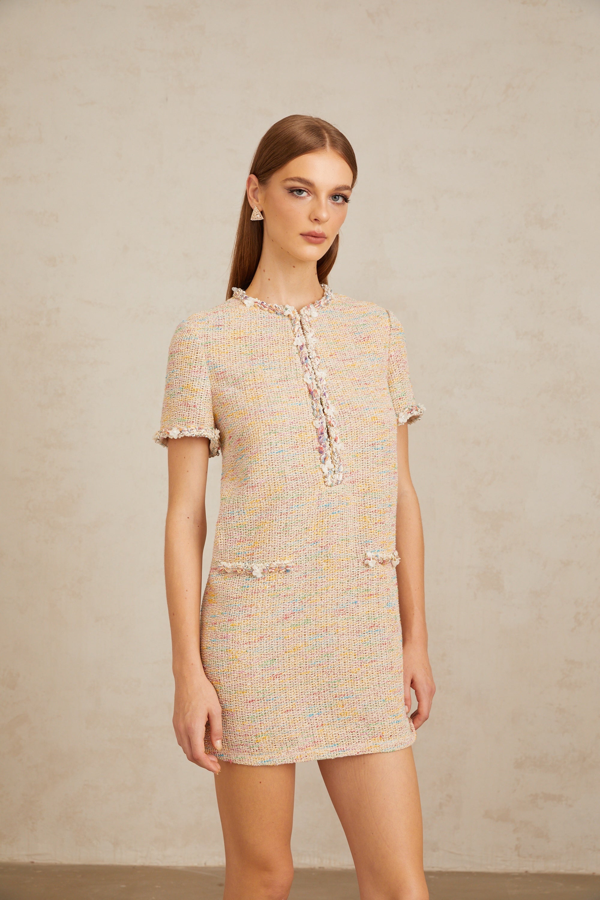 Mini-robe en maille crochetée ornée Palme Neutral (Vente définitive)