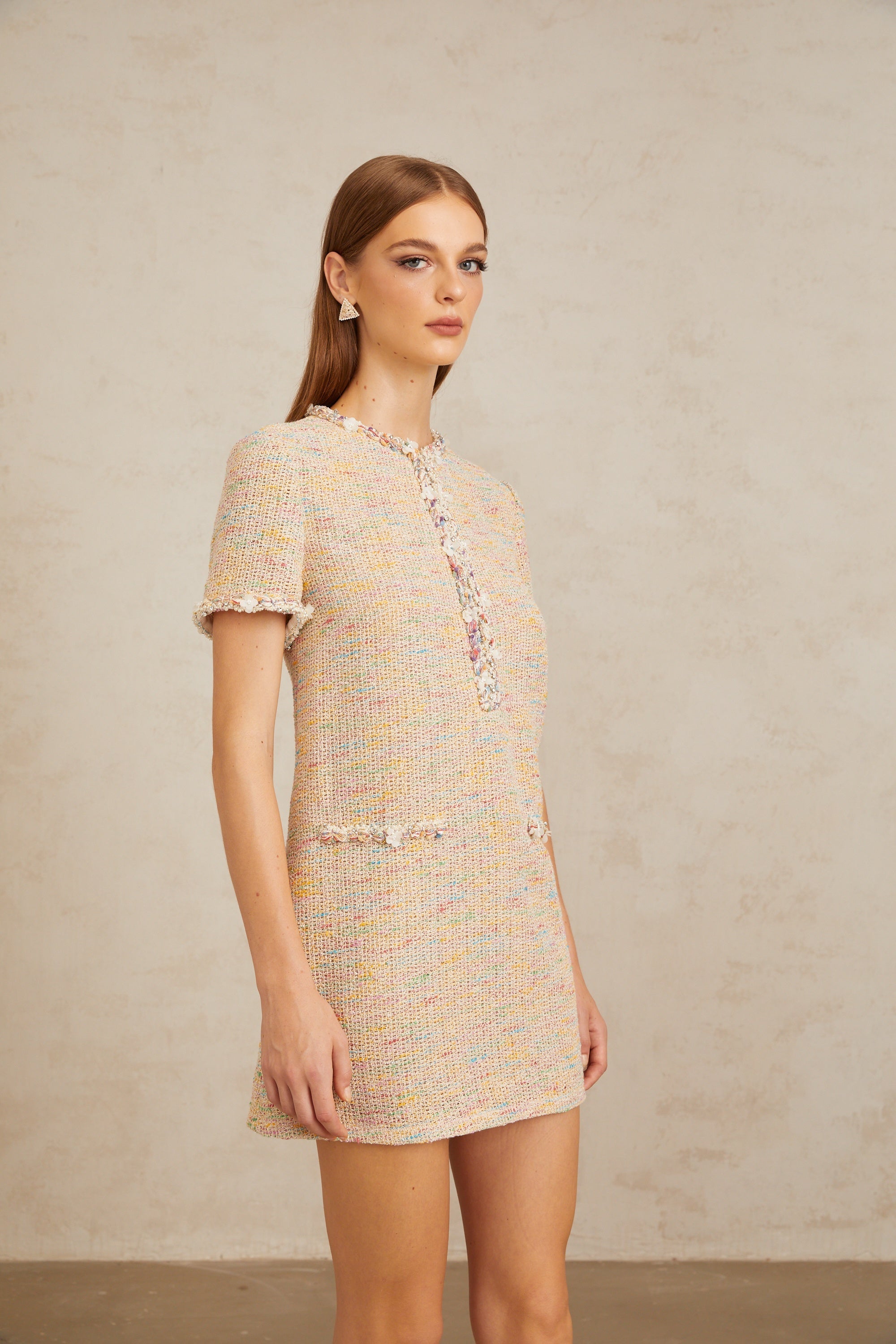 Mini-robe en maille crochetée ornée Palme Neutral (Vente définitive)