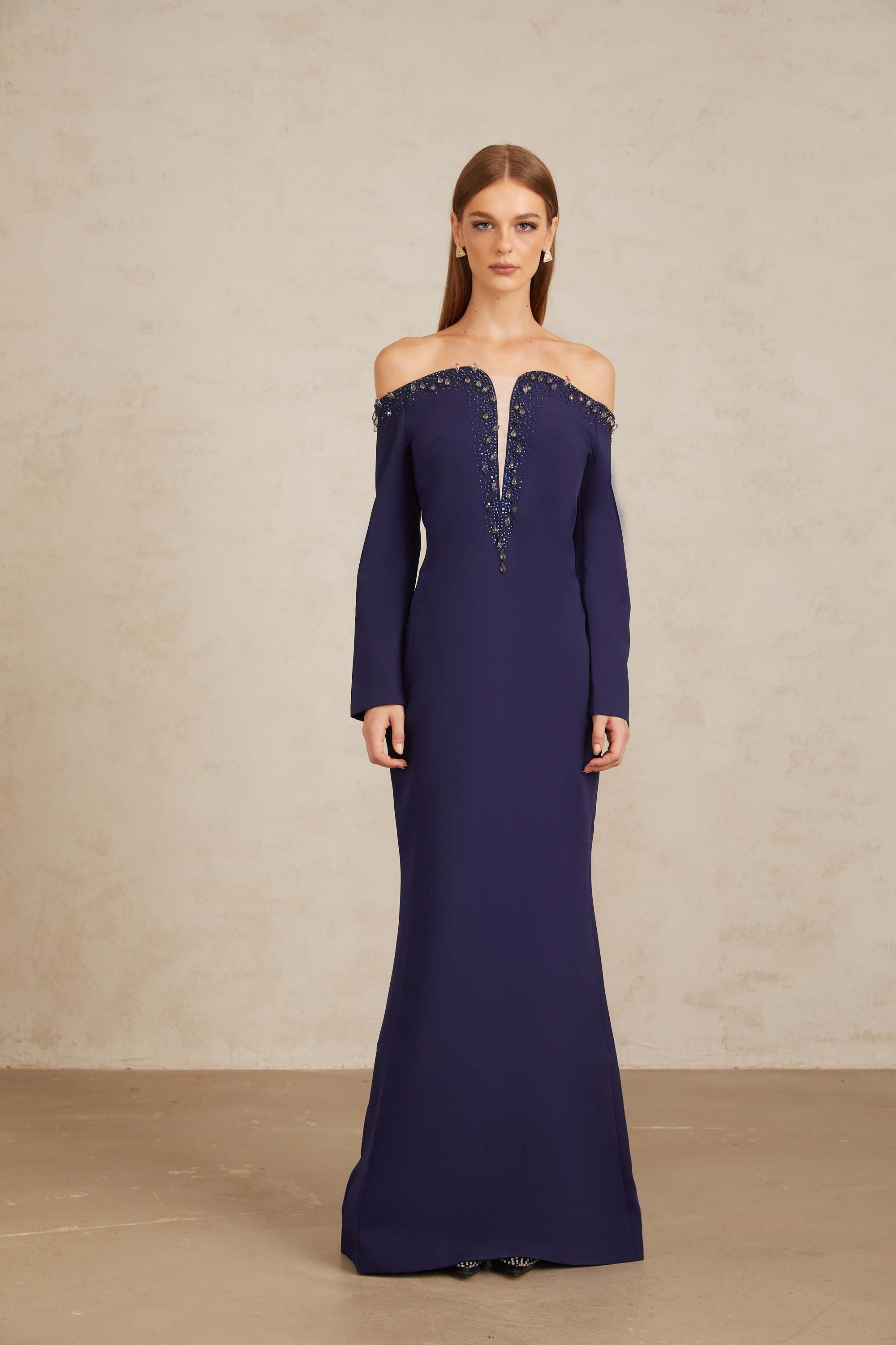 Joyanna Blue Off-Shoulder Embellished Gown (Final Sale-US Only)