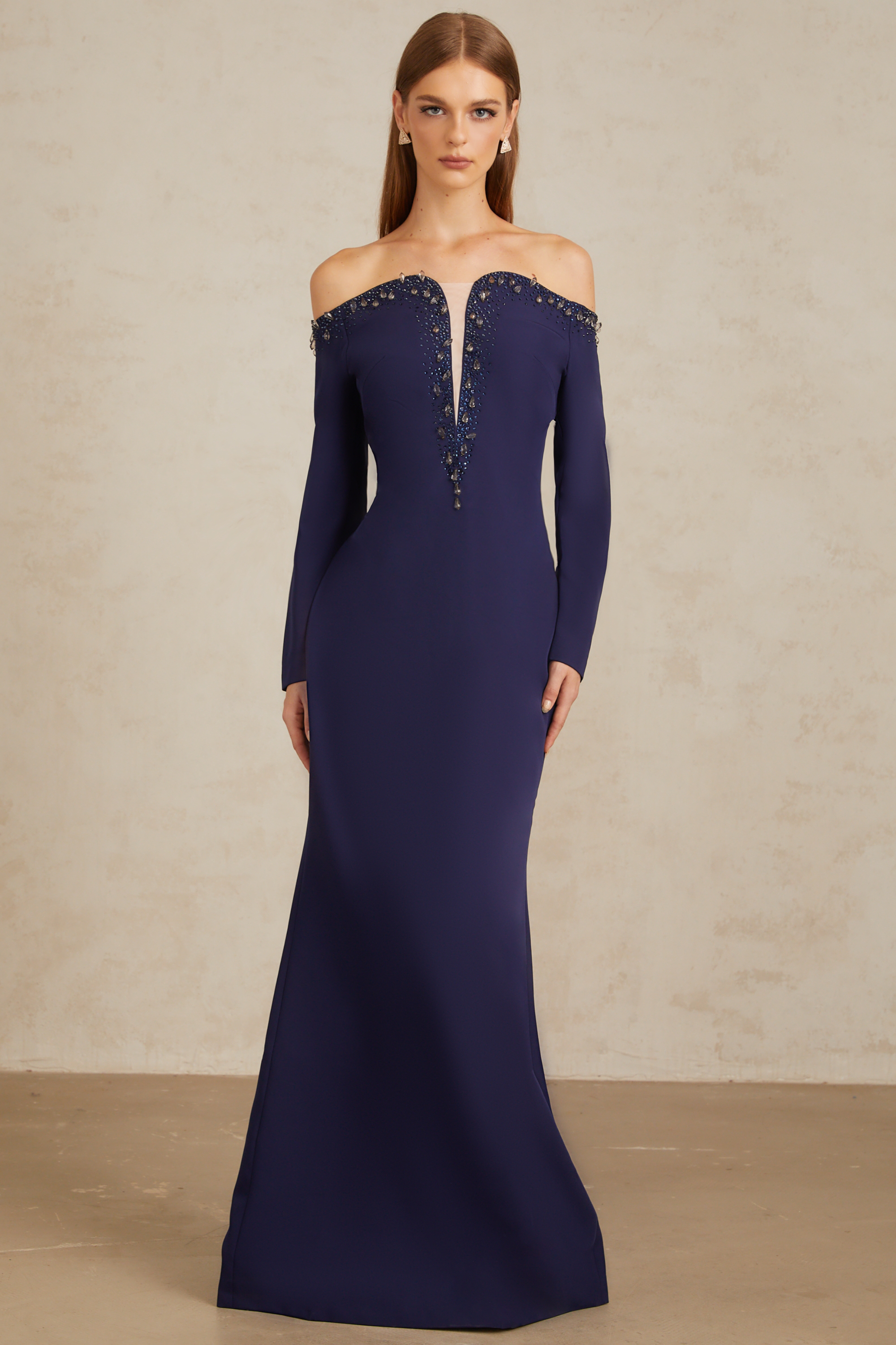 Joyanna Blue Off-Shoulder Embellished Gown (Final Sale-US Only)